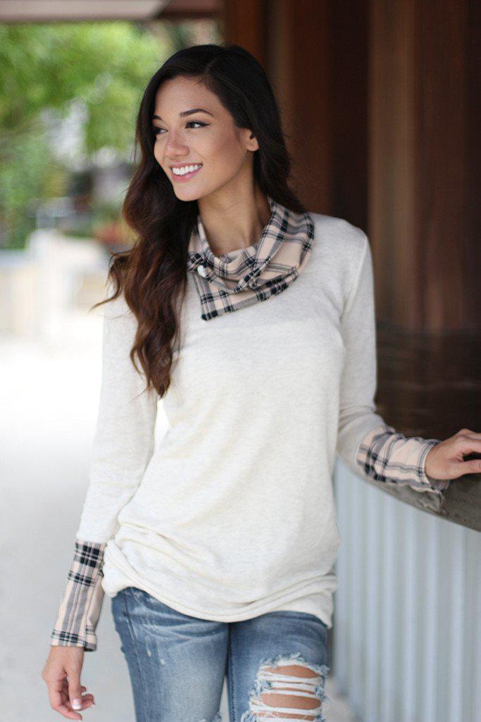 Charming Ivory and Taupe Plaid Cowl Neck Long - Sleeve Top