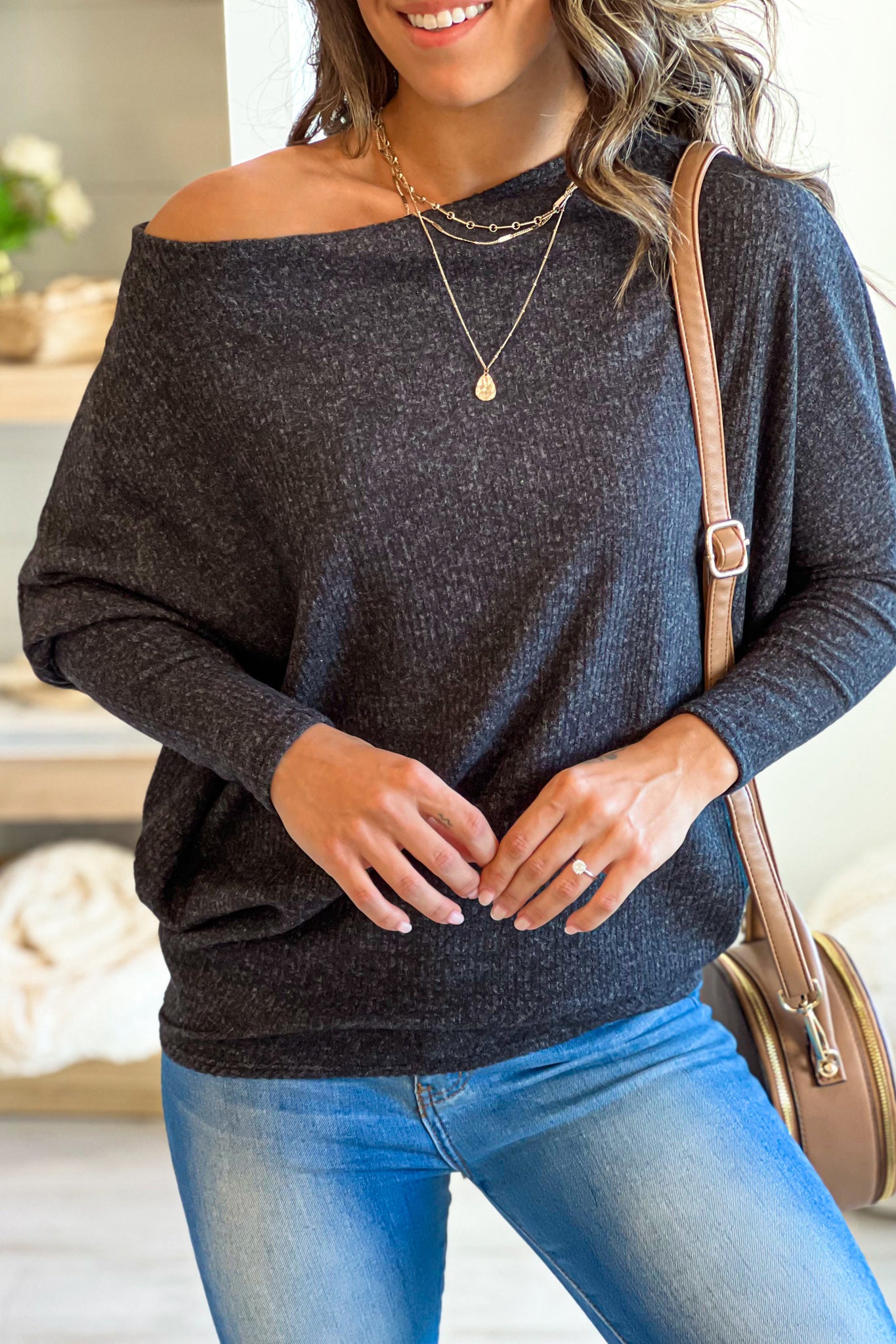 Charcoal Knit Off-Shoulder Long Sleeve Dolman Top for Girls