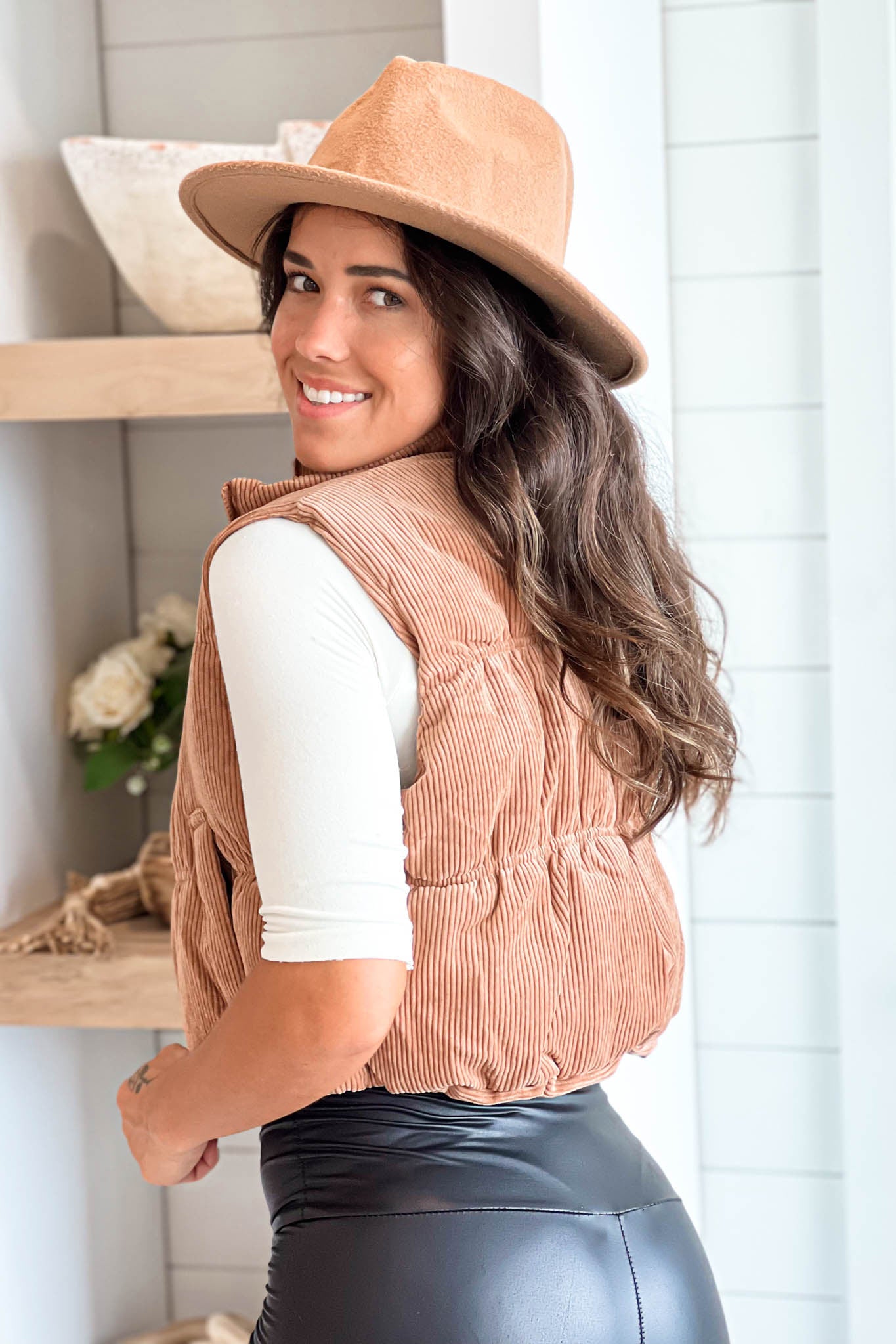 Stylish Camel Corduroy Quilted Puffer Vest with Pockets
