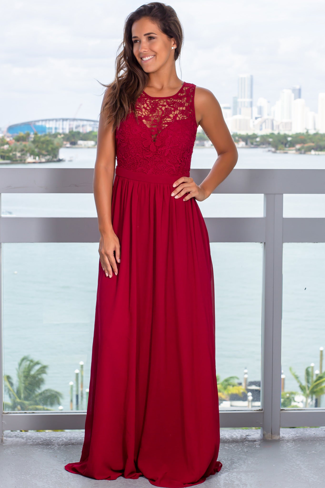 Exquisite Burgundy Crochet Lace Maxi Dress for Special Occasions