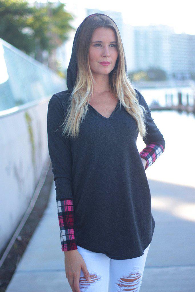 Stylish Charcoal and Plaid Patterned Hooded Women's Tunic for Fall and Winter