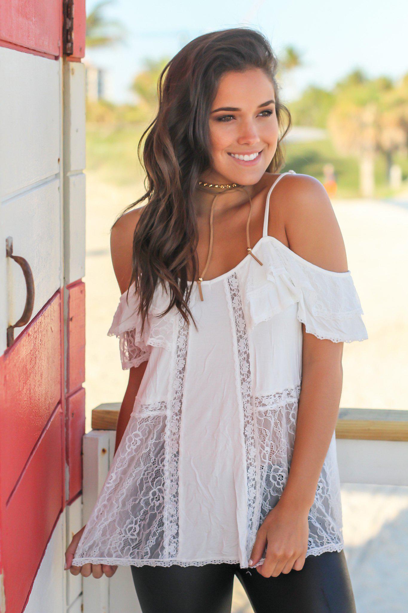 Charming Ivory Sheer Lace Cold Shoulder Off - Shoulder Top
