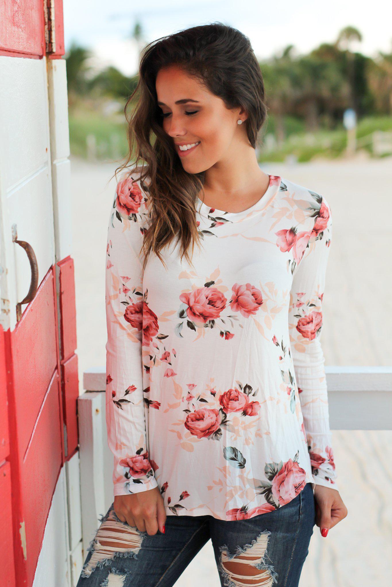Elegant Ivory Floral Long Sleeve Women's Blouse Top