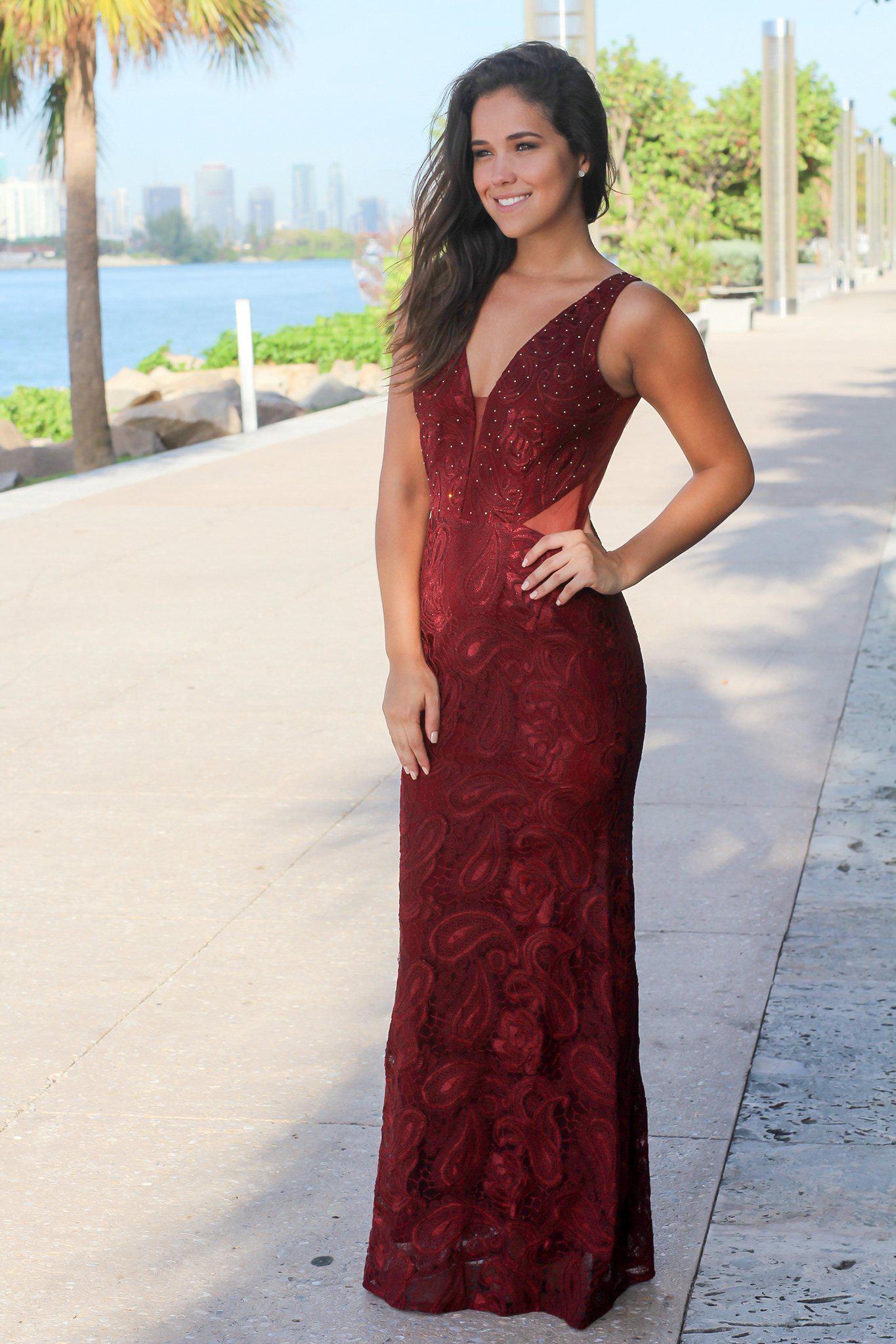 Gorgeous Burgundy Lace Mermaid Maxi Dress with Mesh Back and Gold Dot Details