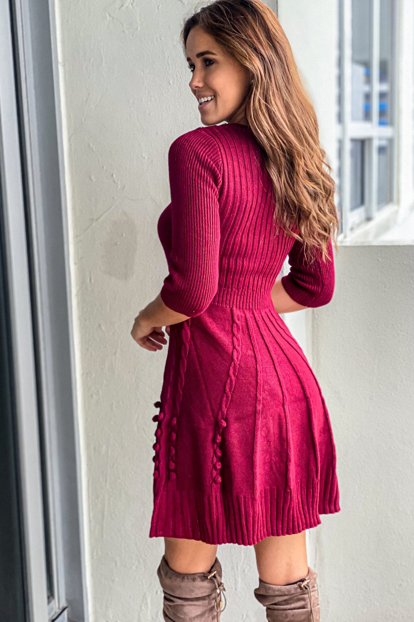 Stylish Burgundy Women's Sweater Dress with Decorative Button Detail