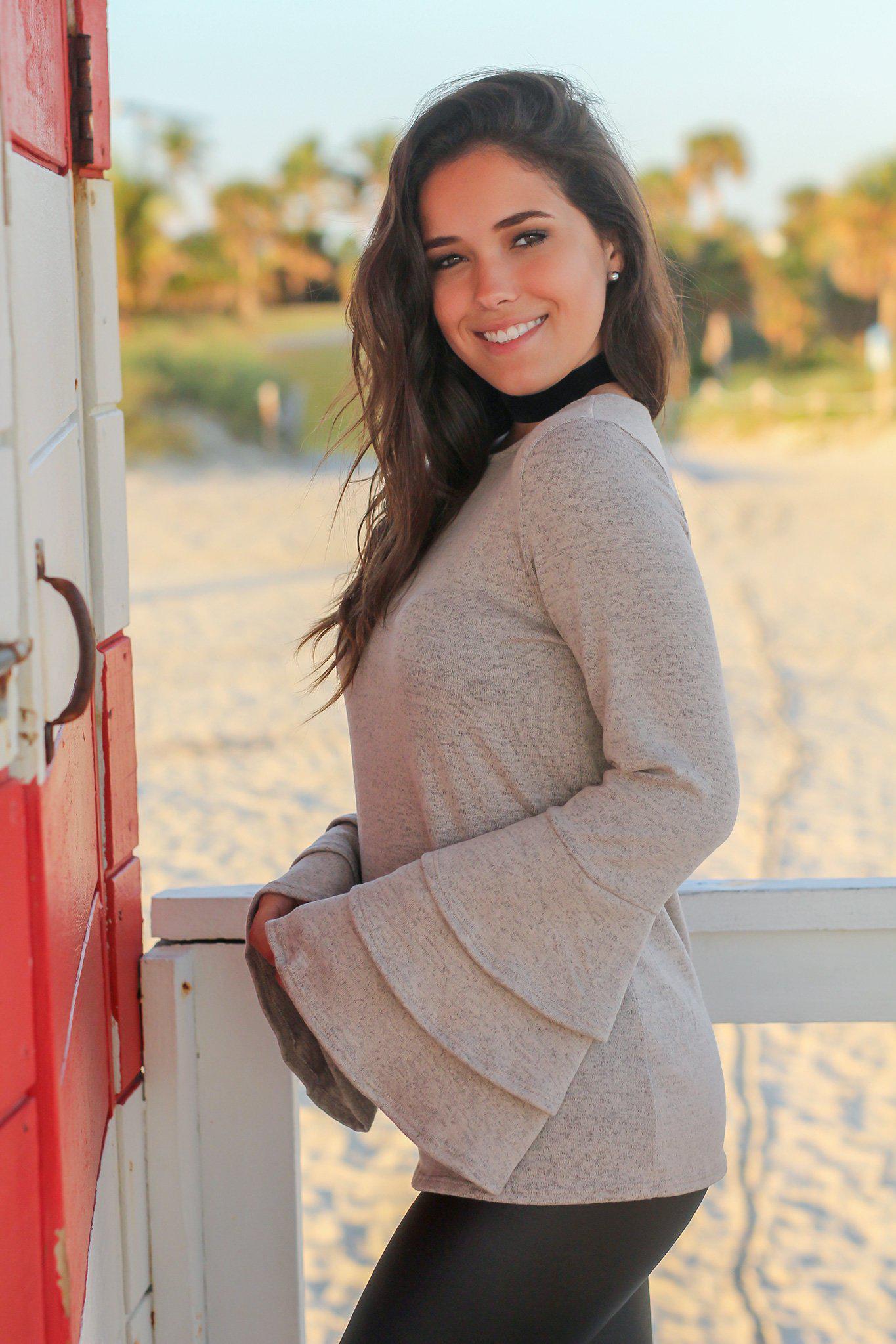 Stylish Light Taupe Women's Ruffled Bell - Sleeved Top for All - Day Wear