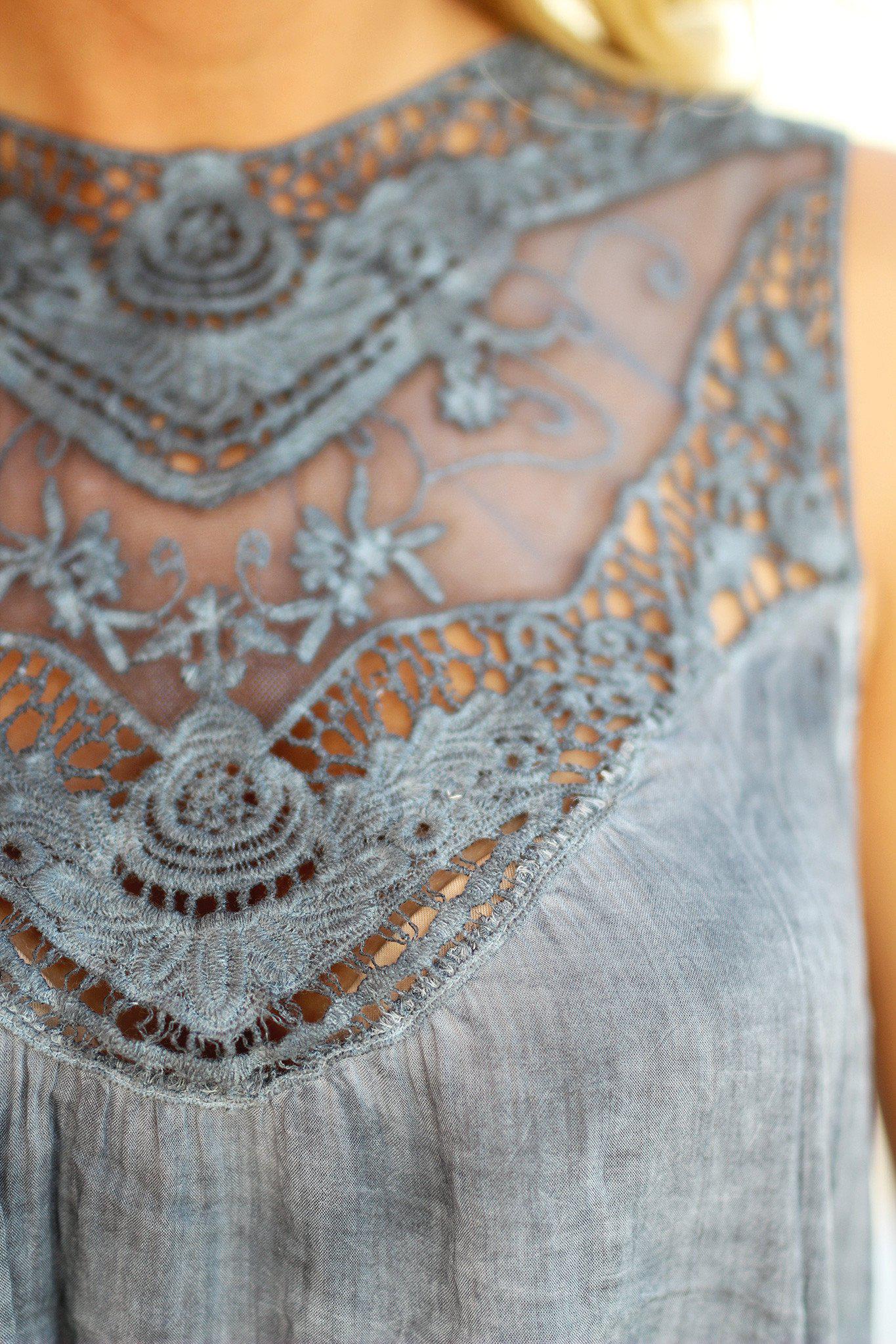 Faded Charcoal Sleeveless Loose-Fit Lace Top with Neckline Detail