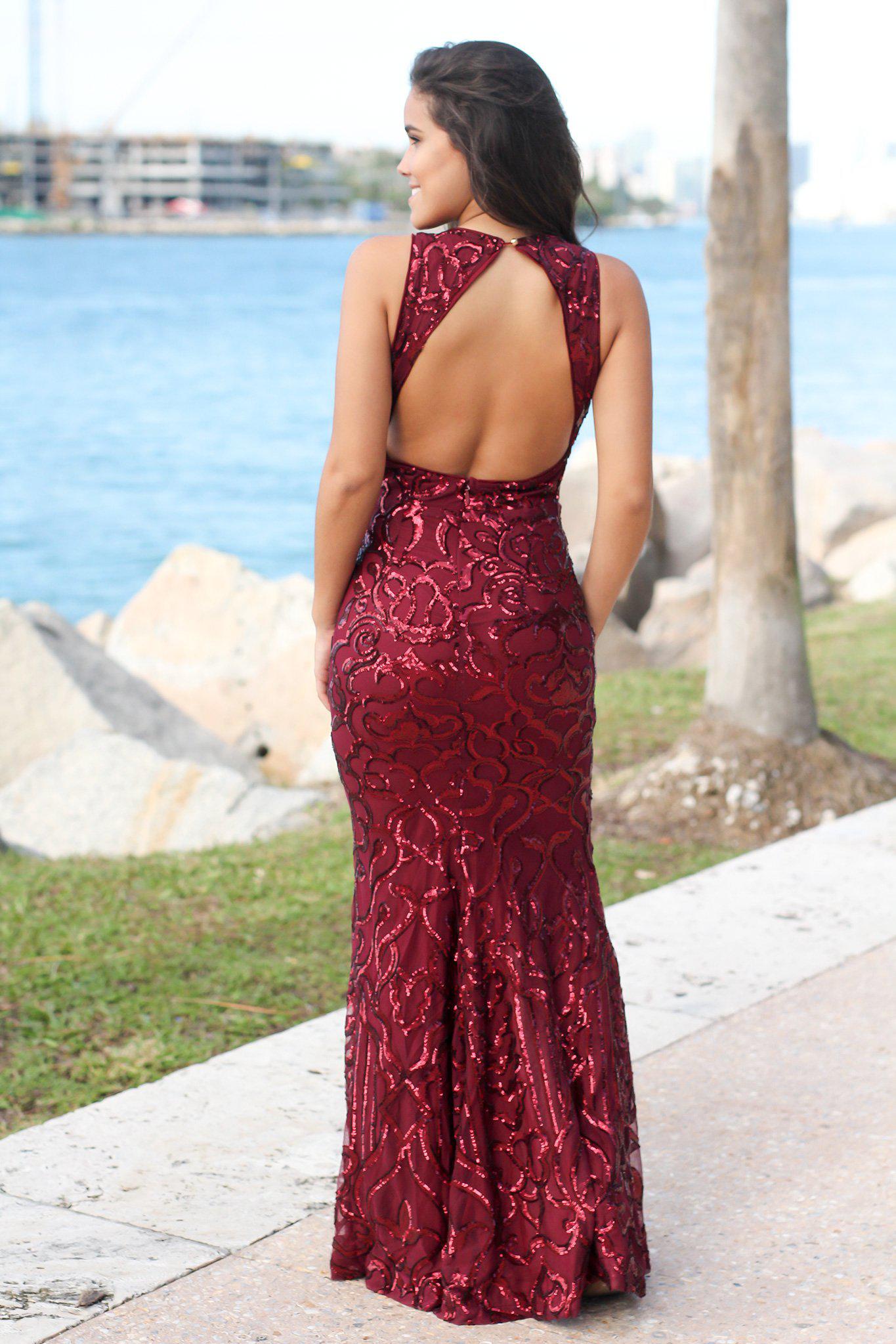Stunning Burgundy Open-Back Sequin Maxi Dress for Elegant Occasions