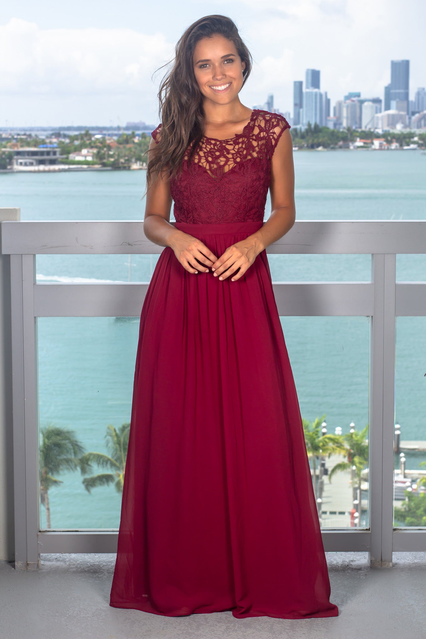 Elegant Burgundy Crochet and Tulle Back Women's Maxi Dress for Special Occasions