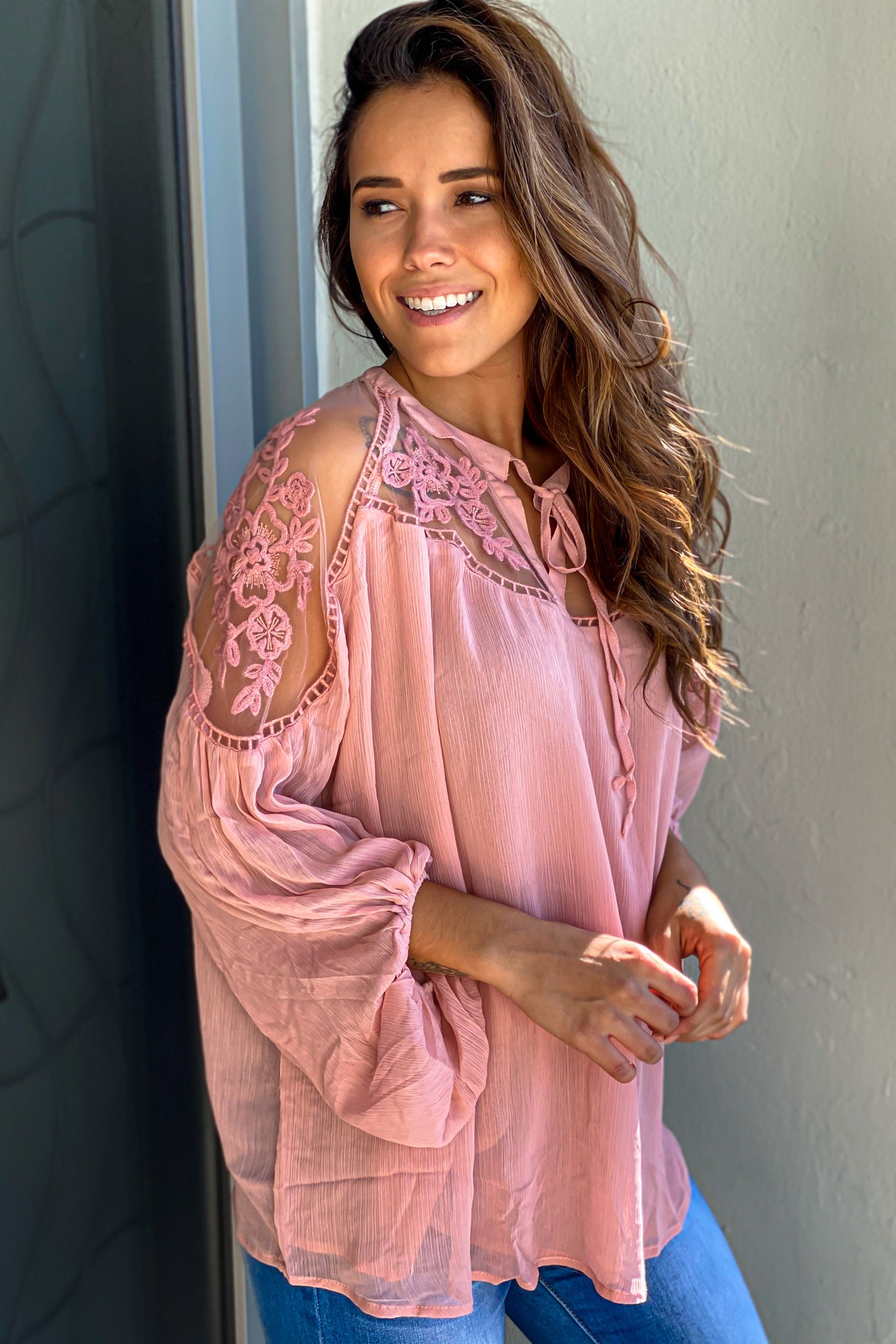 Fall-Friendly Blush Sheer Crochet Neck Long Sleeve Top