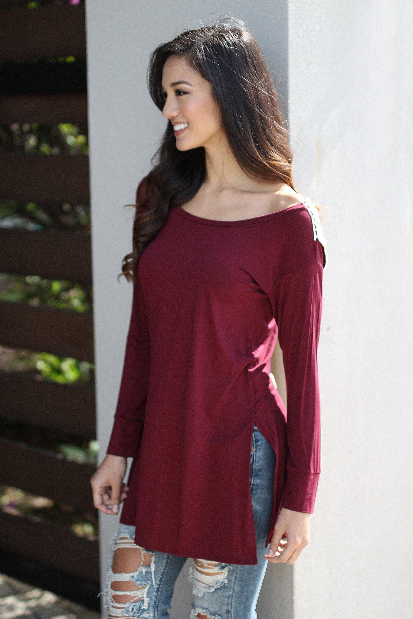 Stylish Burgundy Crochet V-Back Women's Top for Various Occasions