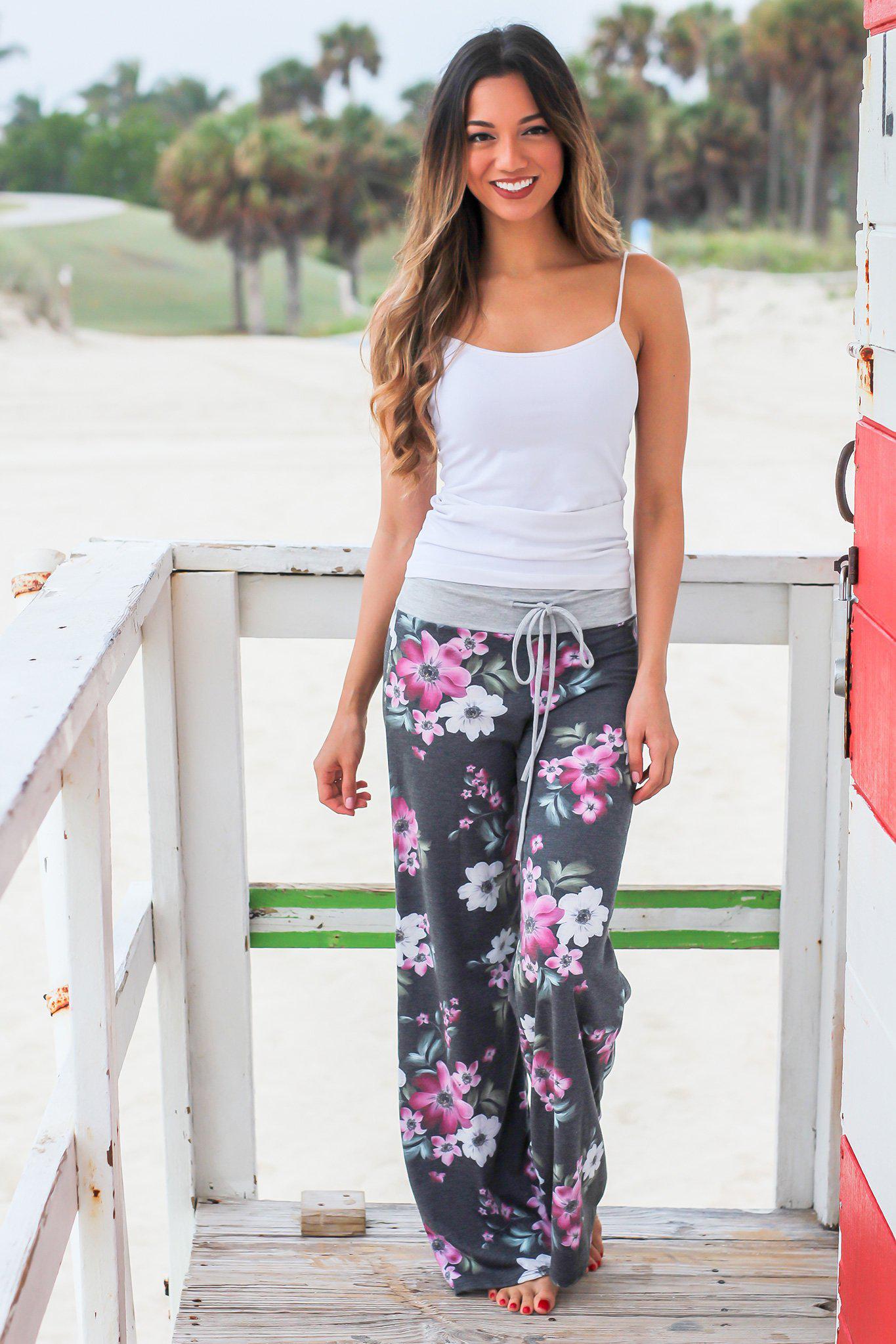 Stylish Charcoal and Purple Floral Patterned Wide - Leg Pants