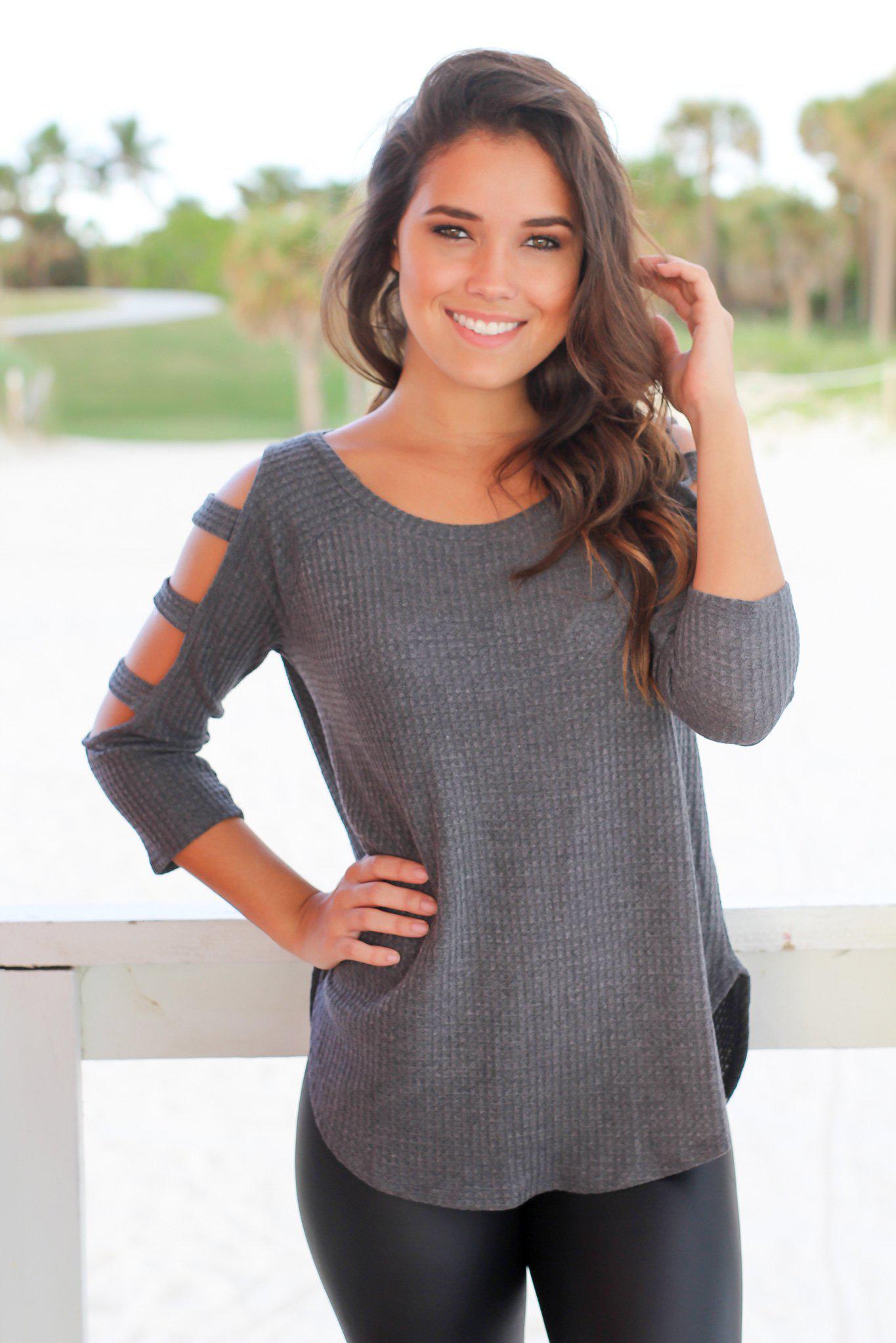 Charcoal Knitted Women's Top with Stylish Cut-Out Sleeve Design