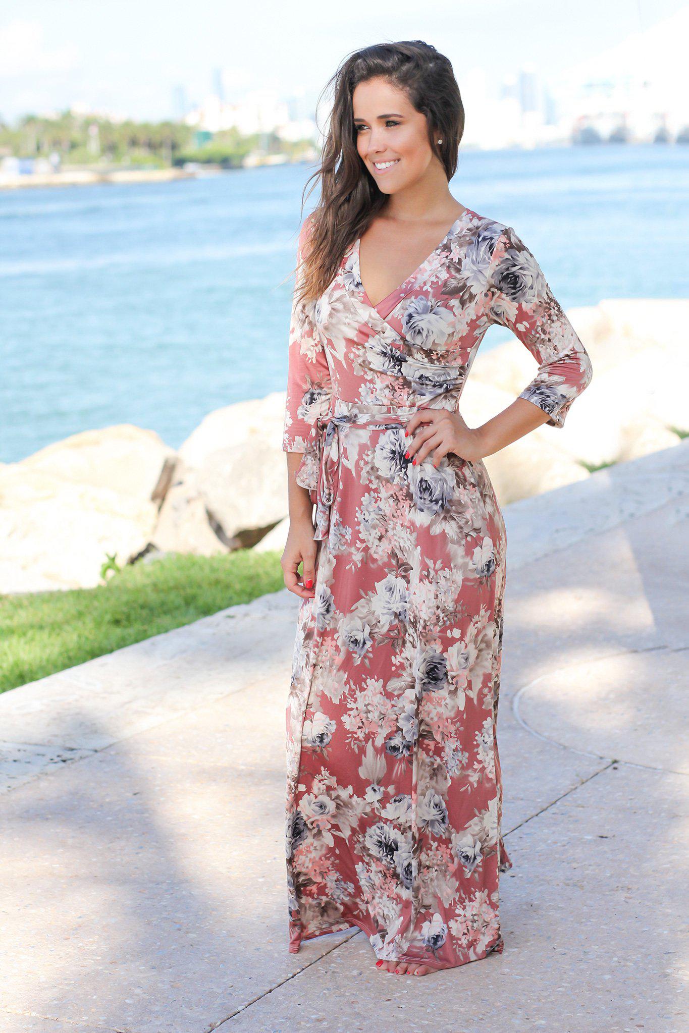 Gorgeous Mauve Floral Wrap Style Women's Maxi Dress