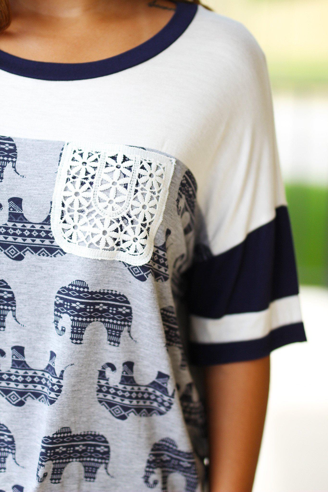 Charming Ivory Elephant Crochet Pocket Top for Casual Outings