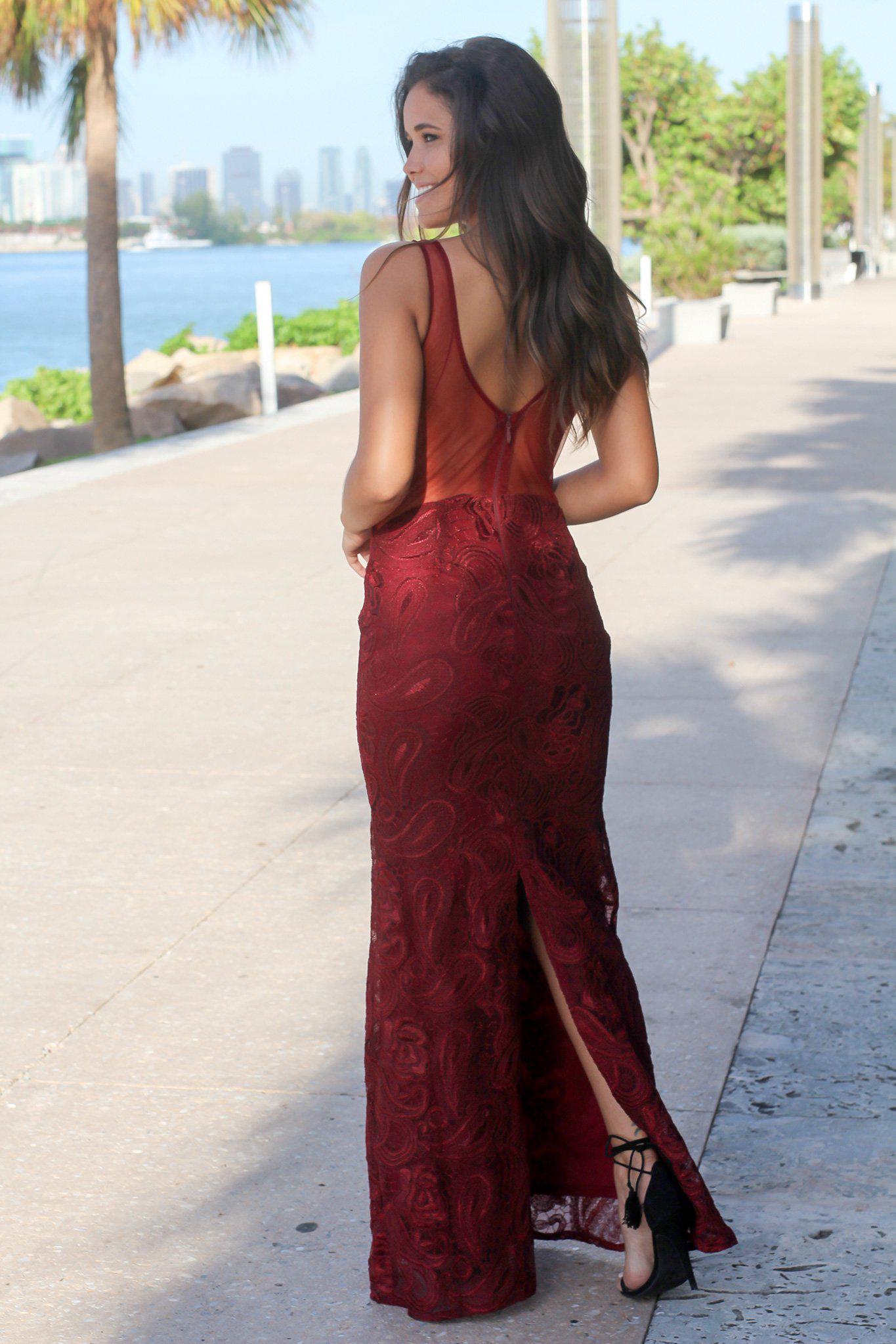Gorgeous Burgundy Lace Mermaid Maxi Dress with Mesh Back and Gold Dot Details