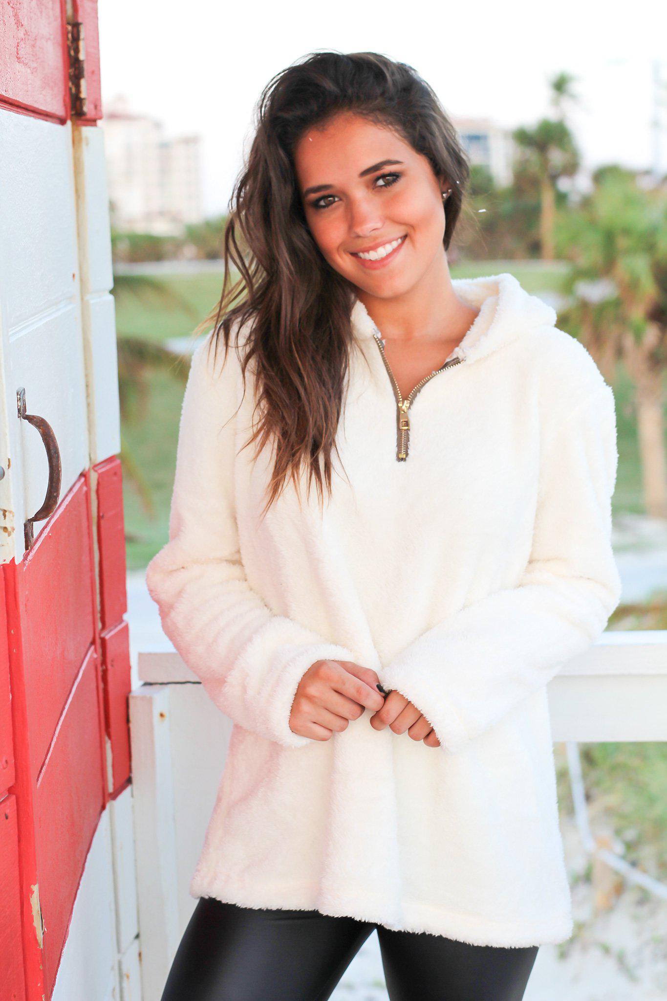 Ivory Soft Faux Fur Polyester Pullover Hoodie Sweater