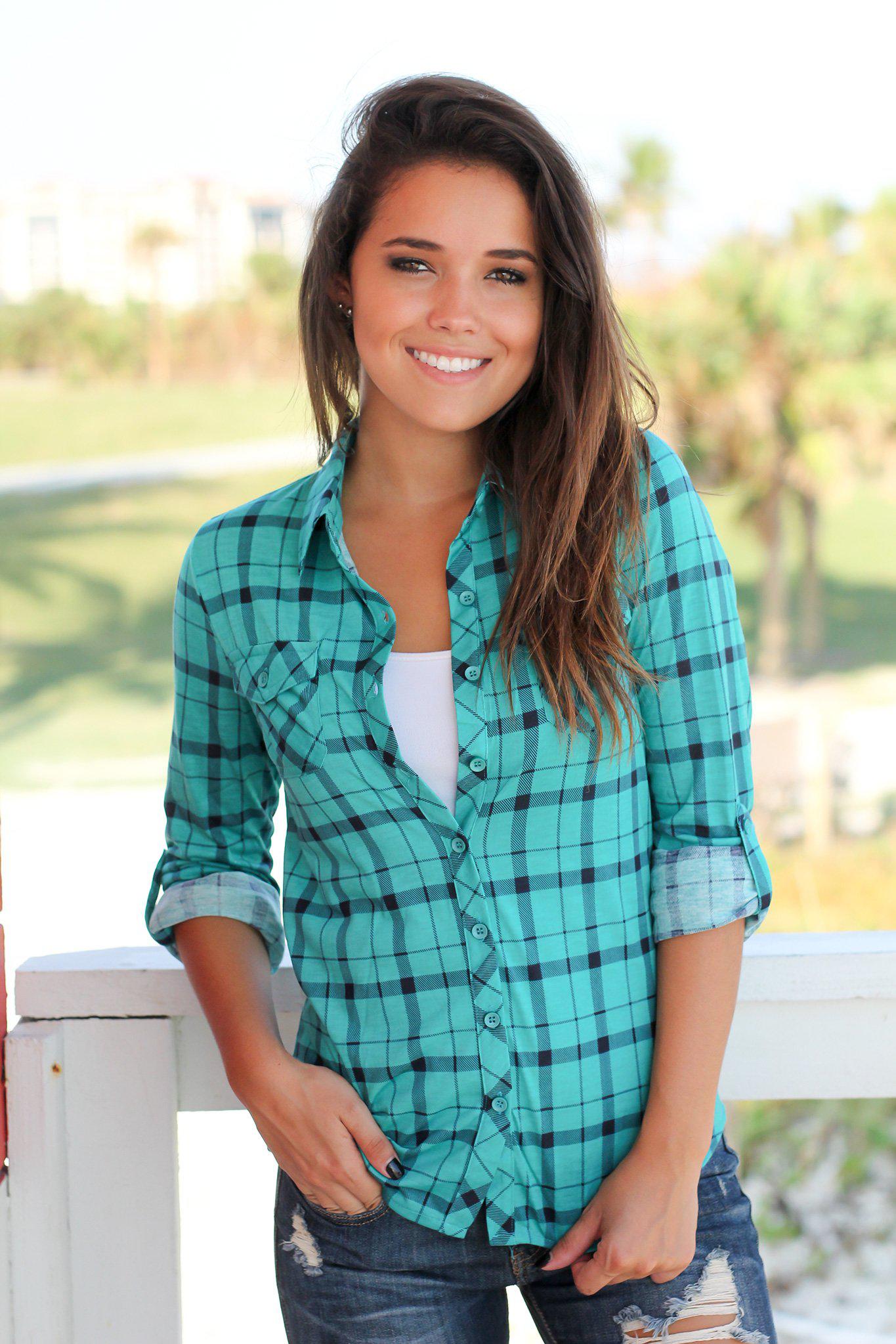 Stylish Jade and Navy Checkered Women's Button - Up Top