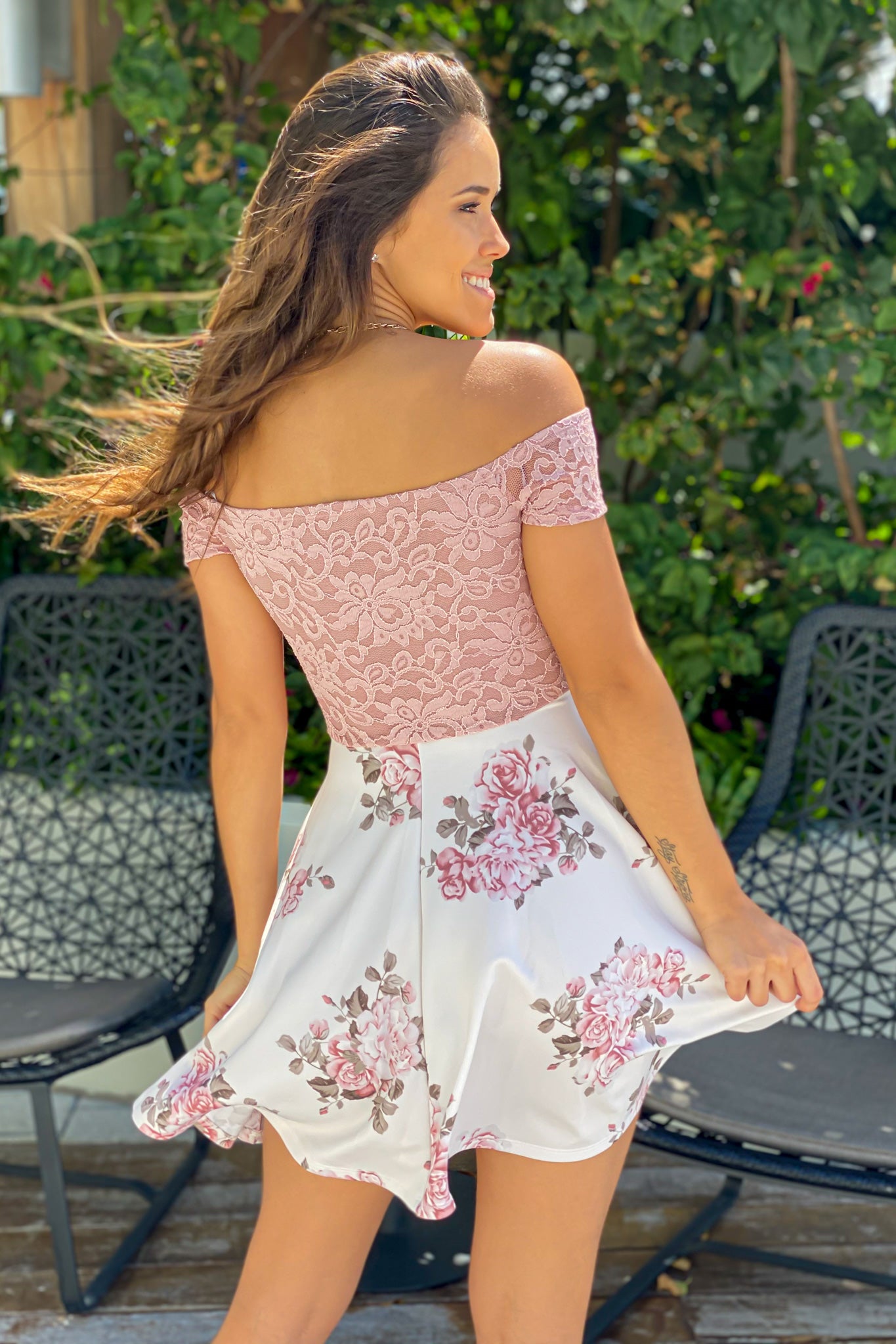 Charming Mauve and Ivory Off-Shoulder Lace Short Dress for Spring