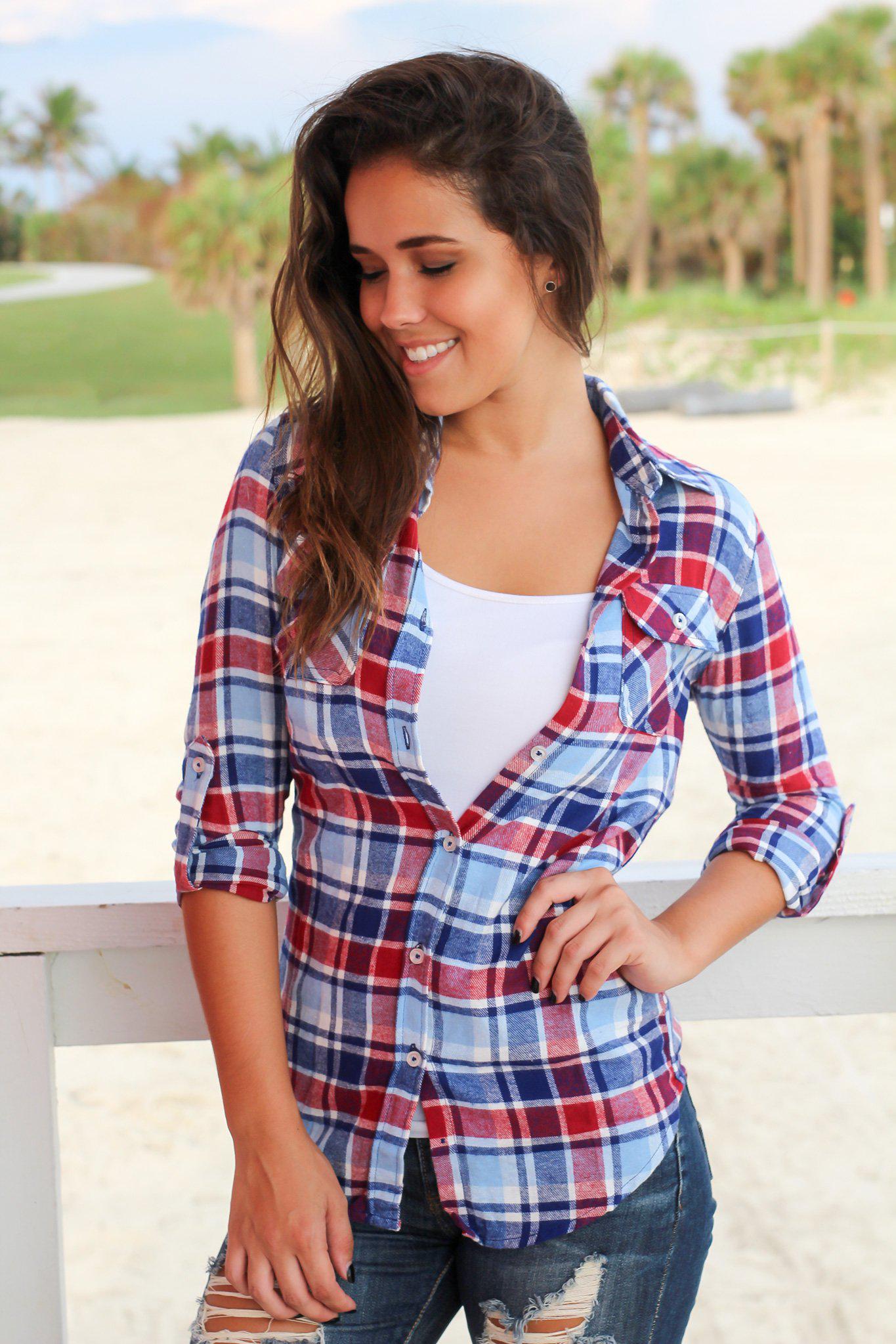 Stylish Light Blue and Crimson Plaid Women's Cotton Top