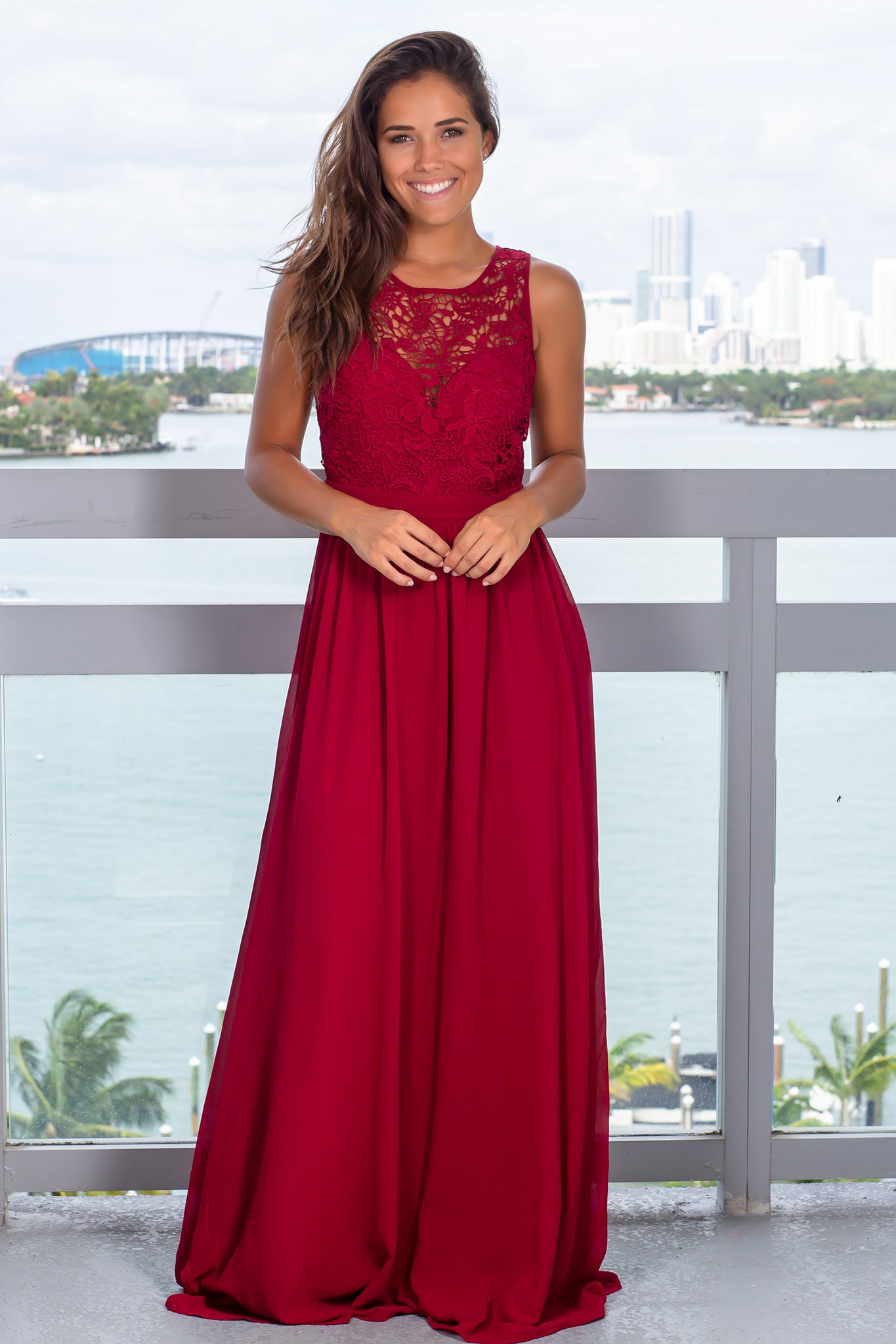 Exquisite Burgundy Crochet Lace Maxi Dress for Special Occasions