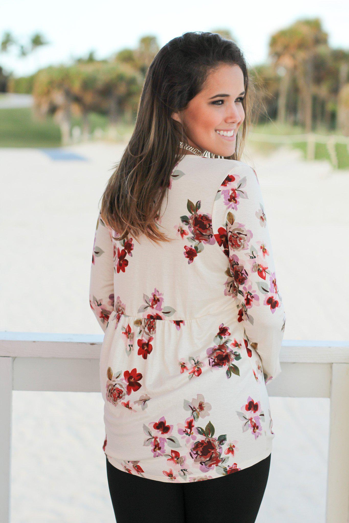 Exquisite Ivory Floral Lace-Up Long-Sleeve Women's Blouse Top