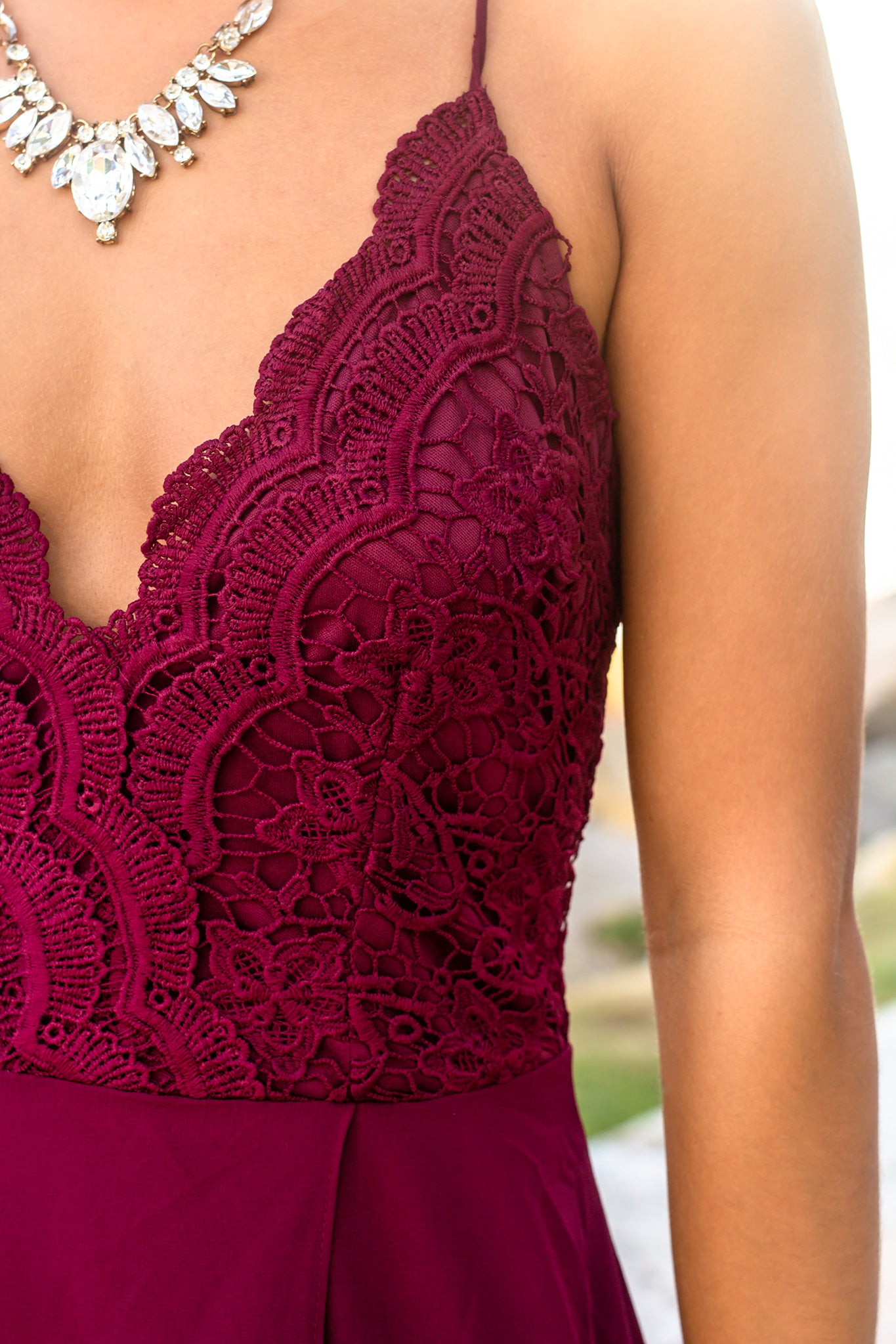 Elegant Burgundy Sleeveless Crochet Top Maxi Dress with Criss Cross Back