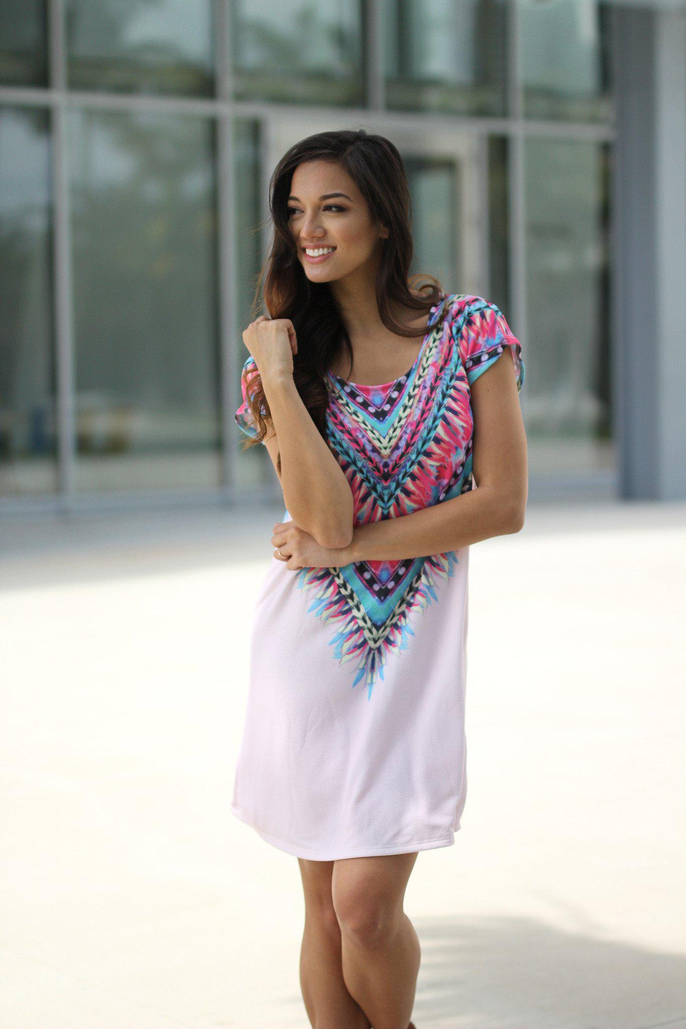 Stylish Light Pink Tribal Patterned Women's Tunic Dress for All Seasons