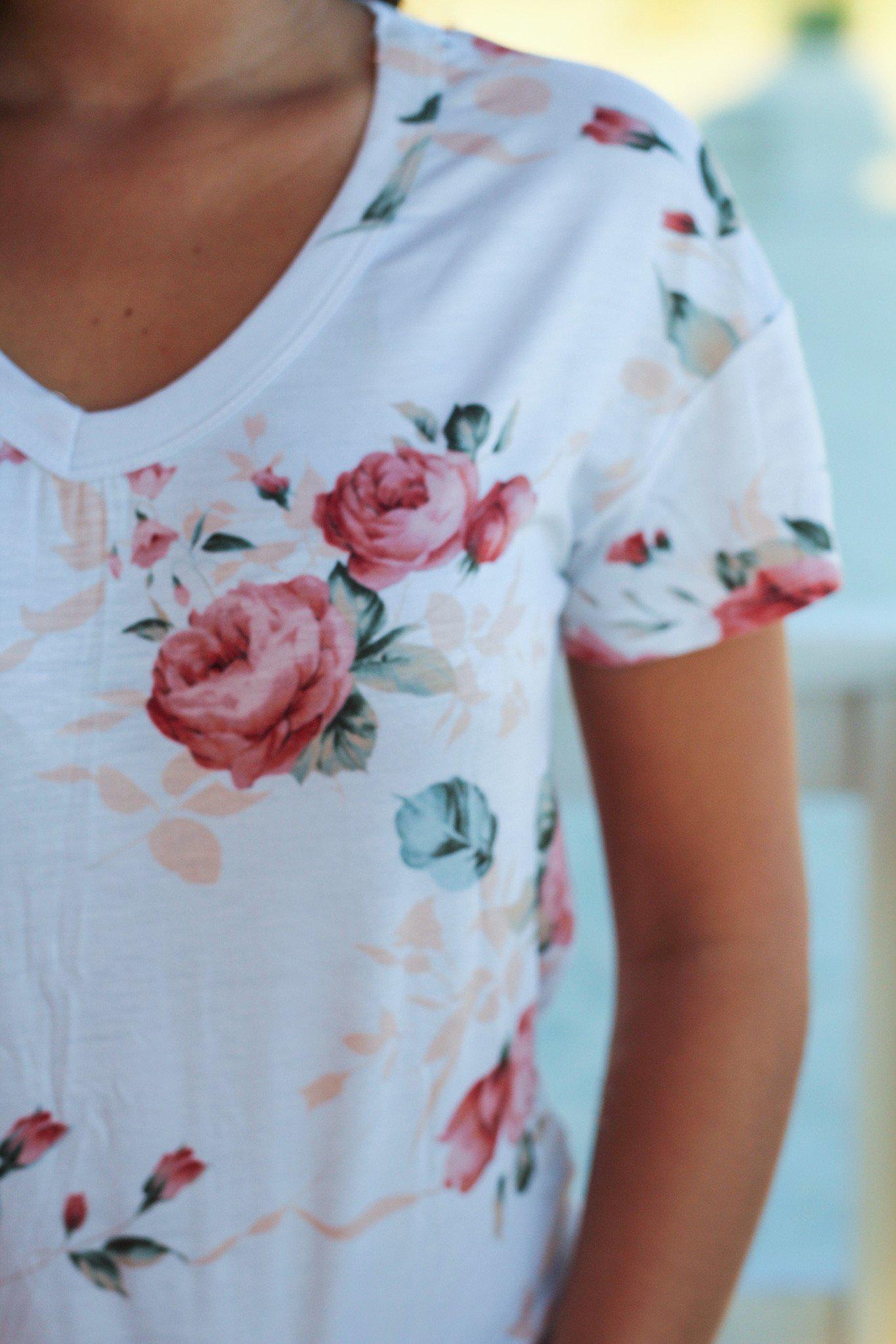 Exquisite Ivory Floral Print Women's V-Neck Short-Sleeved Top for Spring