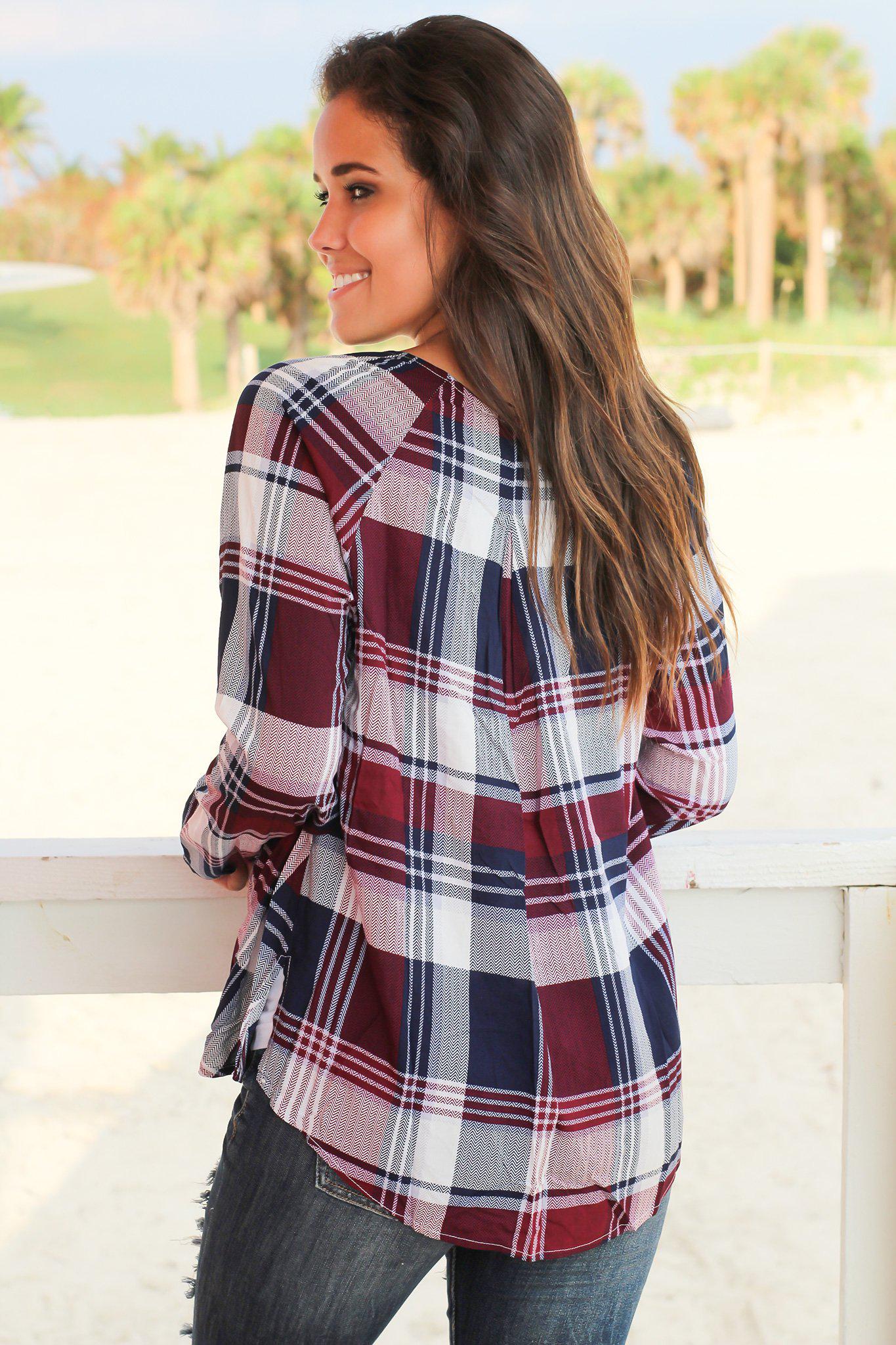 Stylish Burgundy, Navy, and Ivory Plaid Criss Cross Draped Long - Sleeve Top