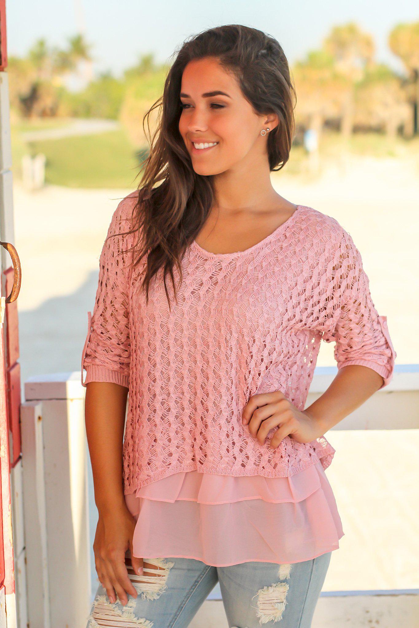 Charming Mauve Crochet Sweater with Adorable Ruffled Hem
