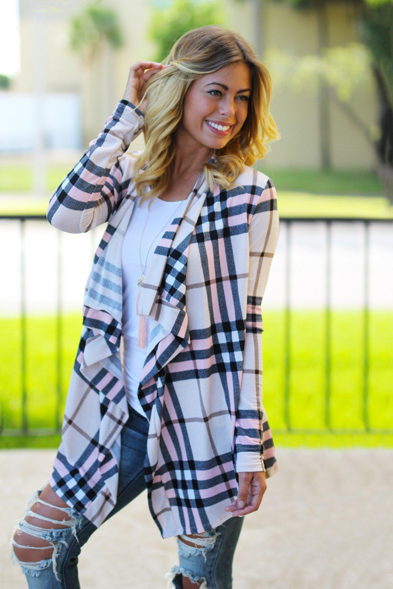 Soft and Lightweight Blush Beige Black White Taupe Plaid Open Cardigan