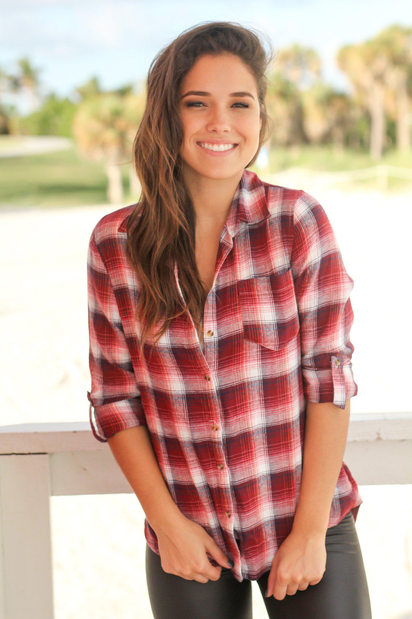 Stylish Burgundy, Ivory, Navy & Black Plaid Cotton Button - Up Top