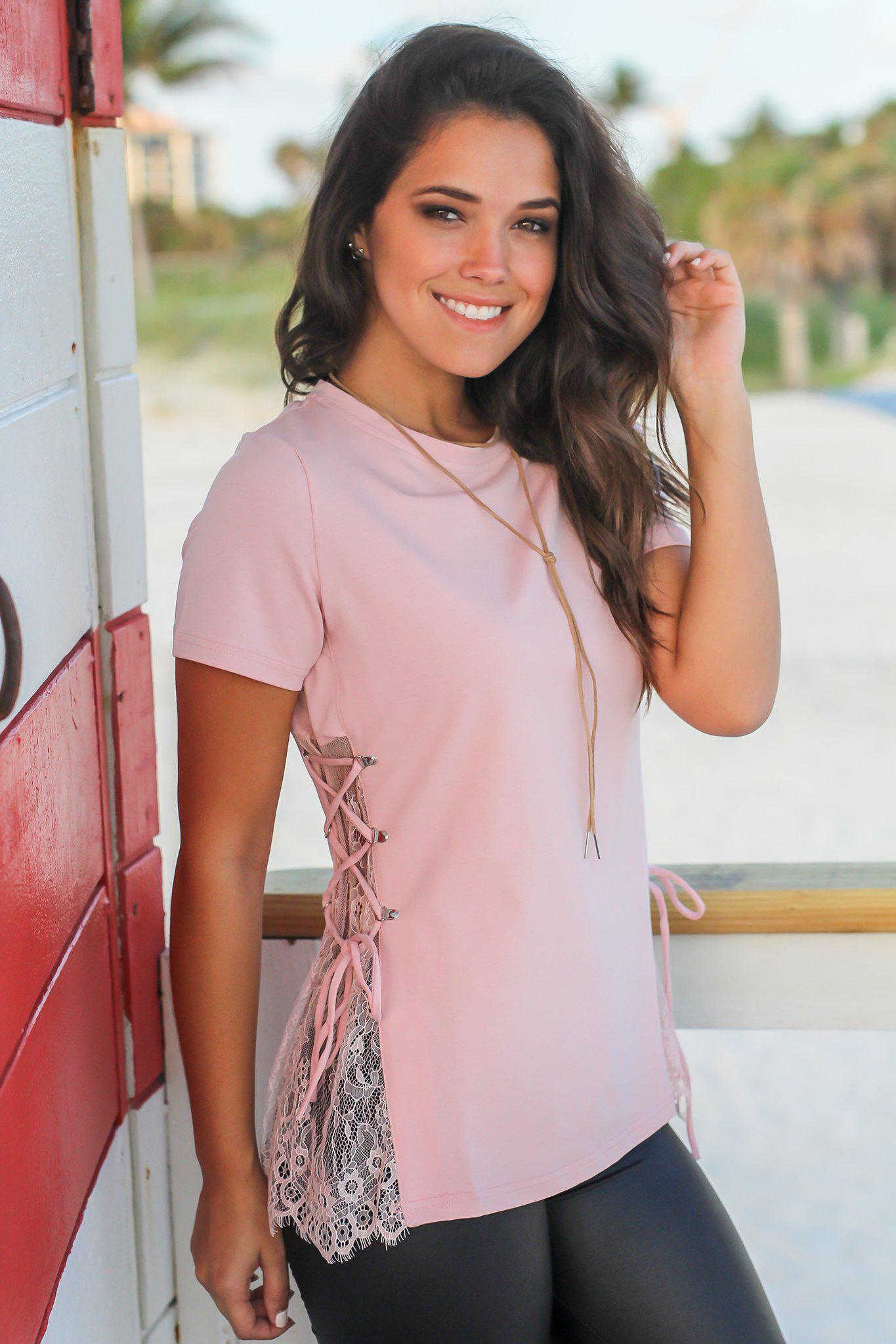 Fashionable Women's Blush Colored Top with Stylish Lace Up Sides