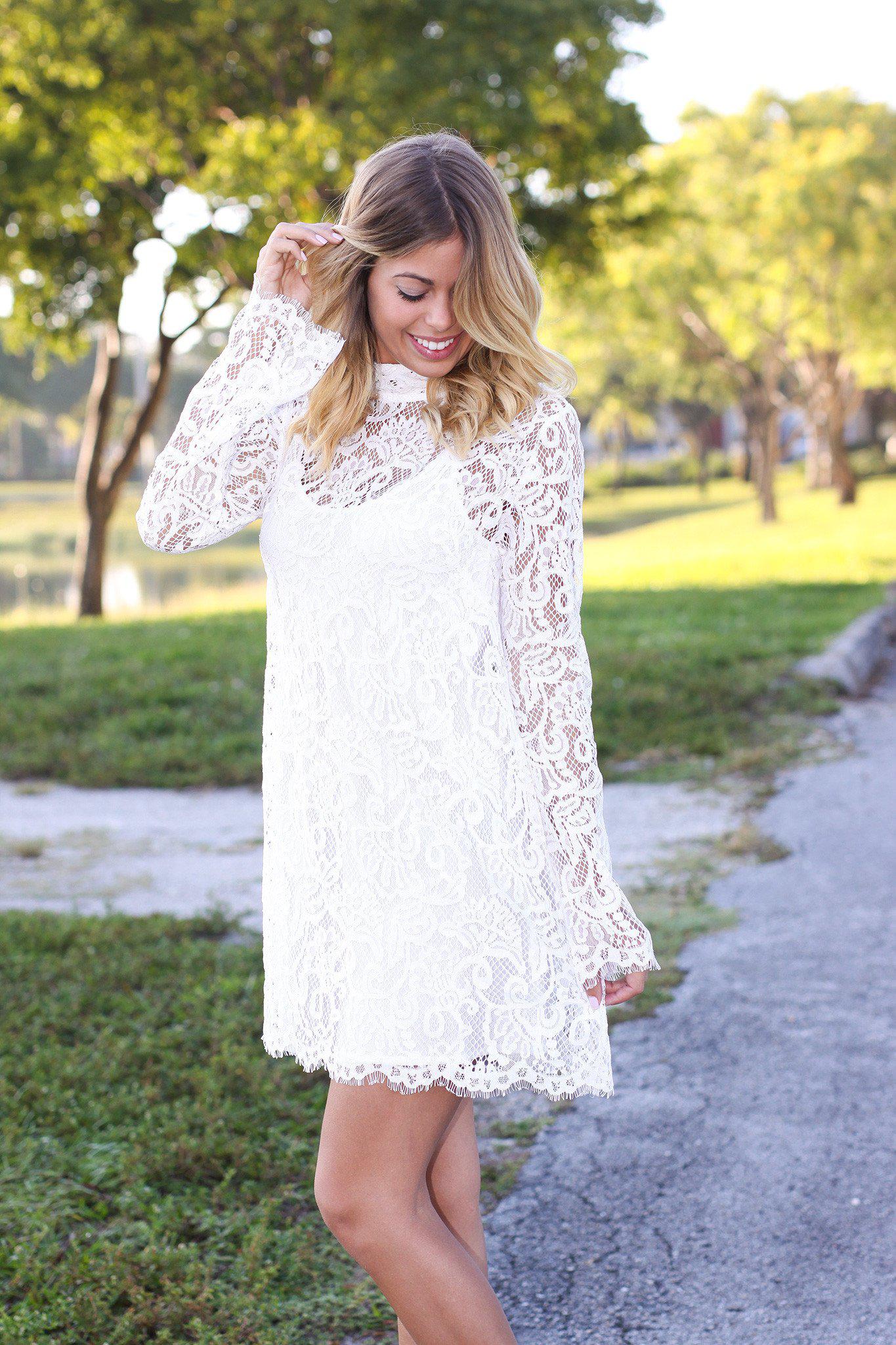 Elegant Ivory Short Lace Dress with Long Sleeves for Women