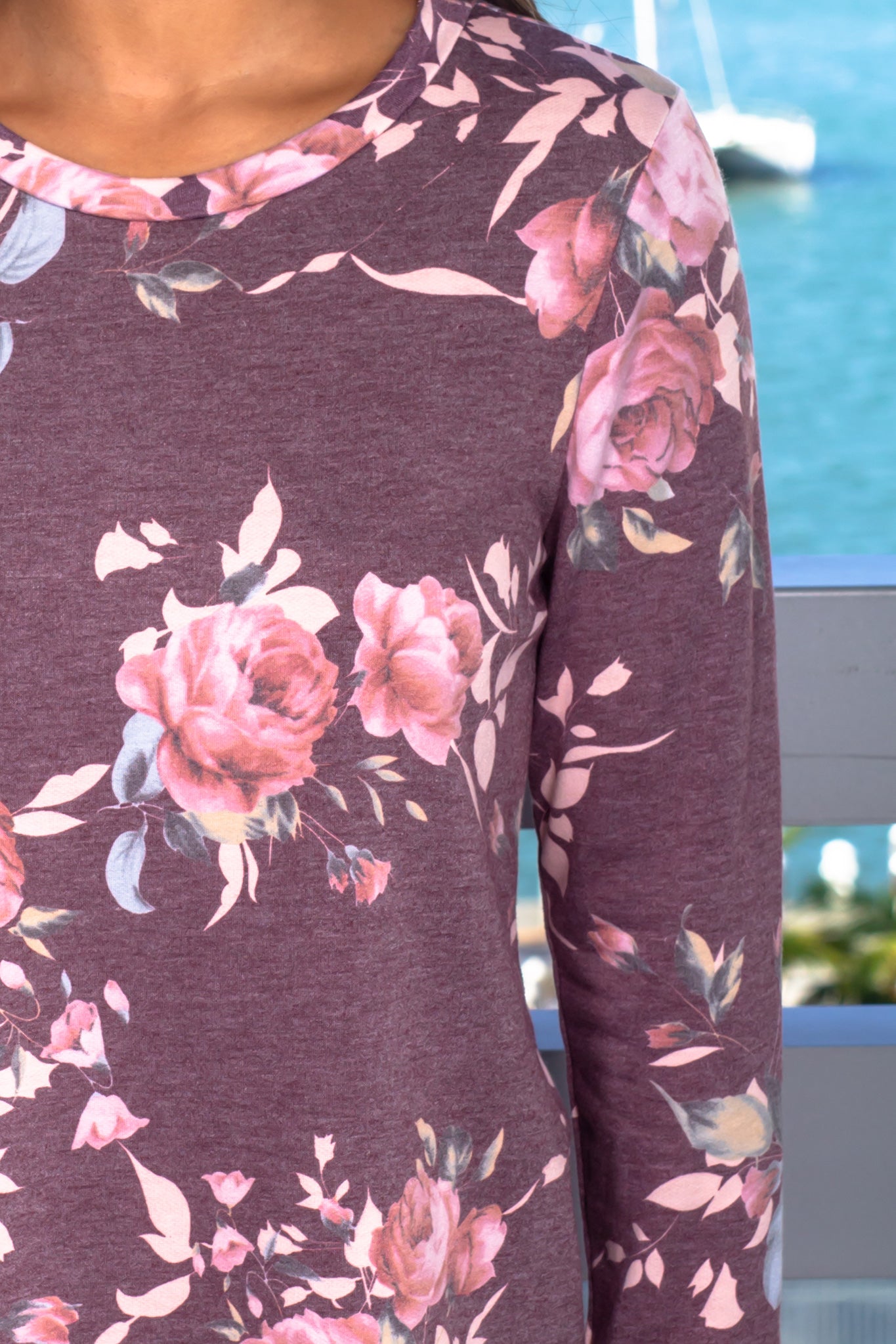 Stylish Burgundy Long Sleeve Floral Women's Blouse Top