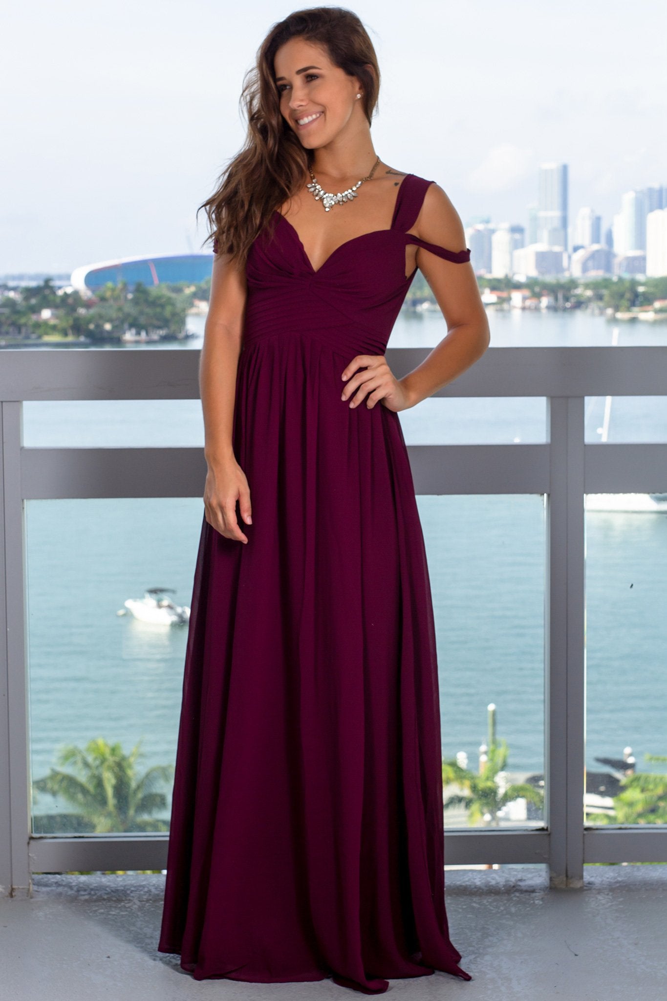 Fabulous Burgundy Pleated Off - Shoulder Maxi Dress for Special Occasions
