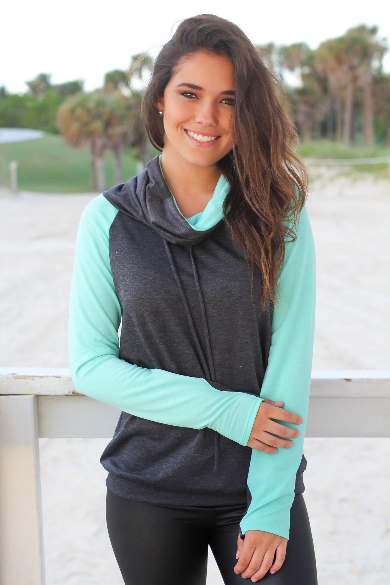Stylish Charcoal and Mint Color - Blocked Pullover Sweater for Cozy Wear