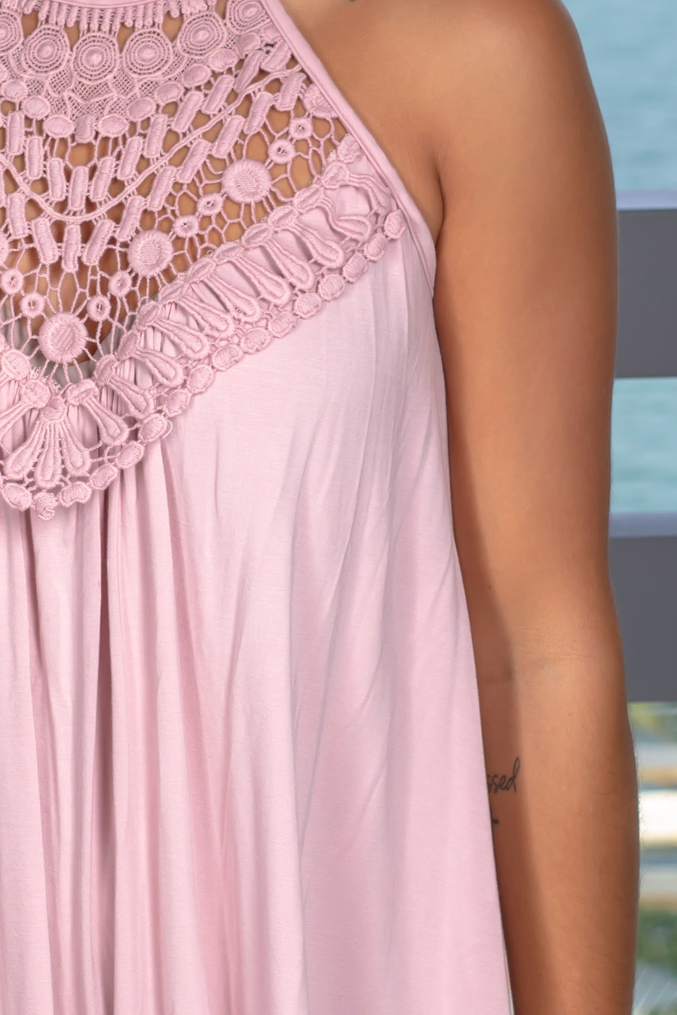 Adorable Blush-colored Sleeveless Women's Halter Top with Crochet Ornament