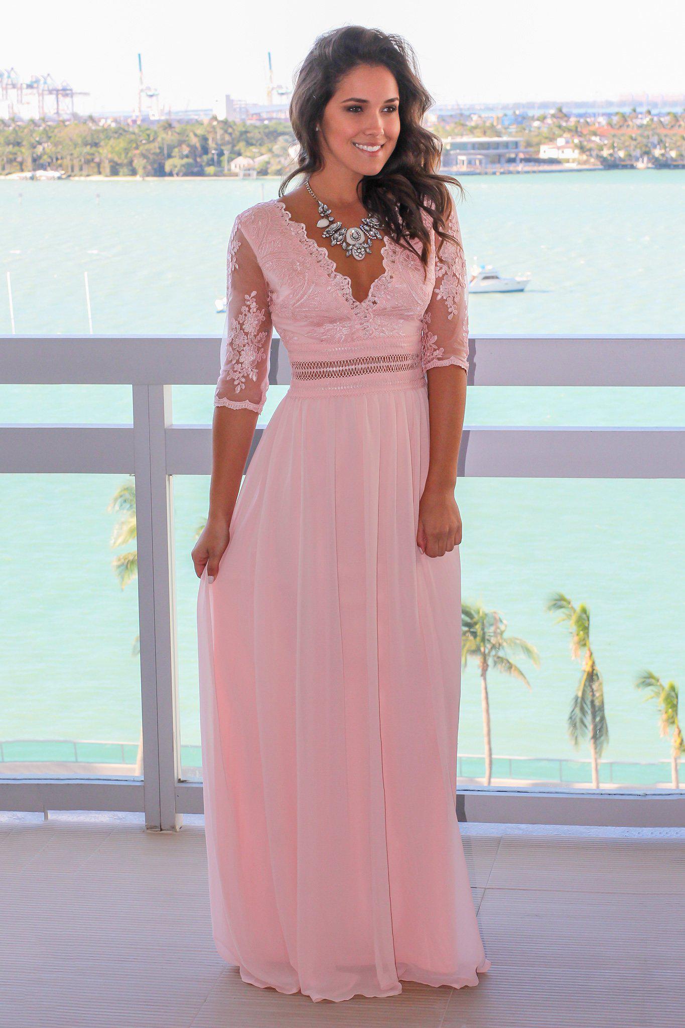Gorgeous Blush-Colored V-Neck Long Maxi Dress with Intricately Embroidered Mesh Sleeves