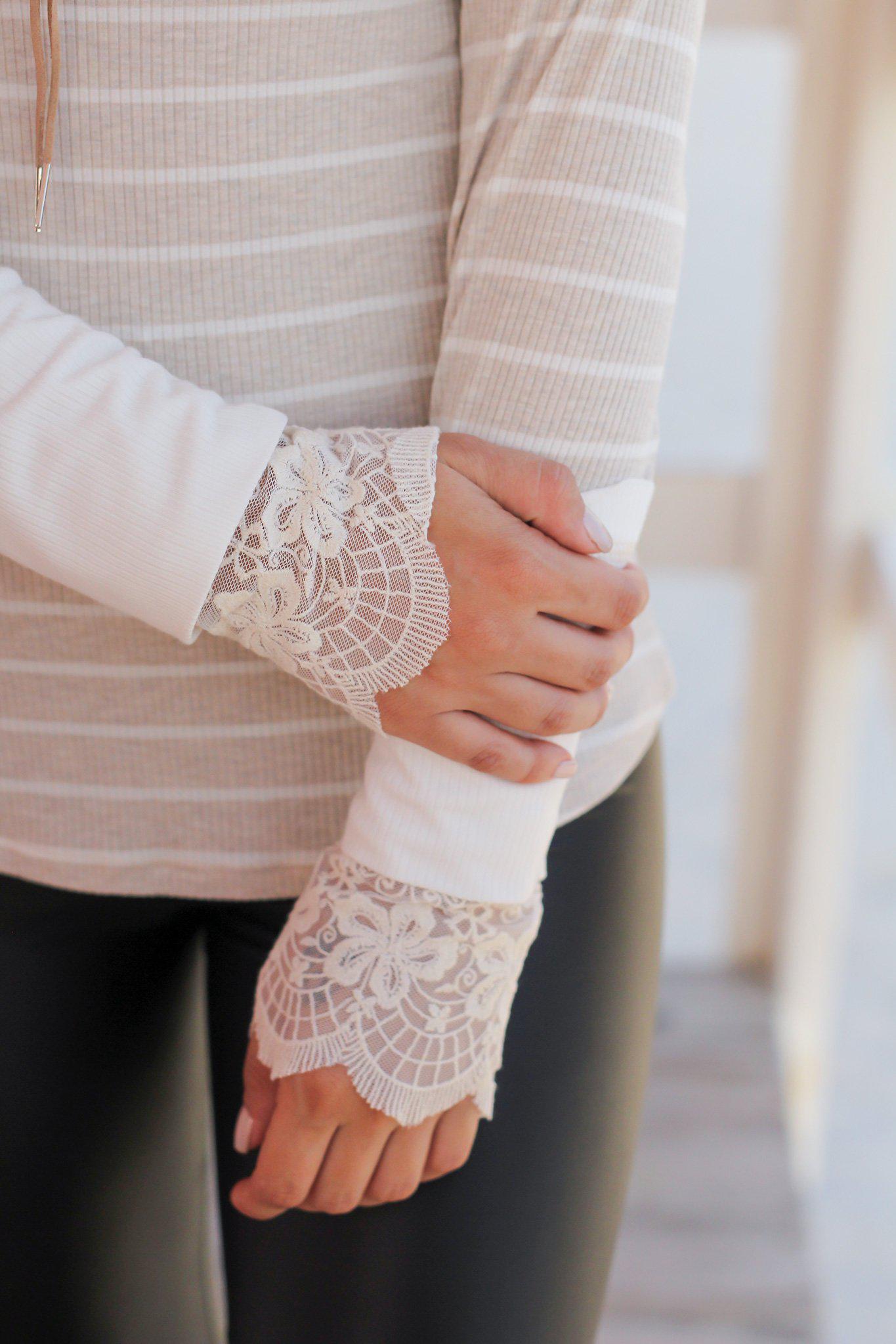 Ladies' Ivory and Taupe Horizontal Striped Fashionable Blouse with Elegant Lace Sleeve Trim