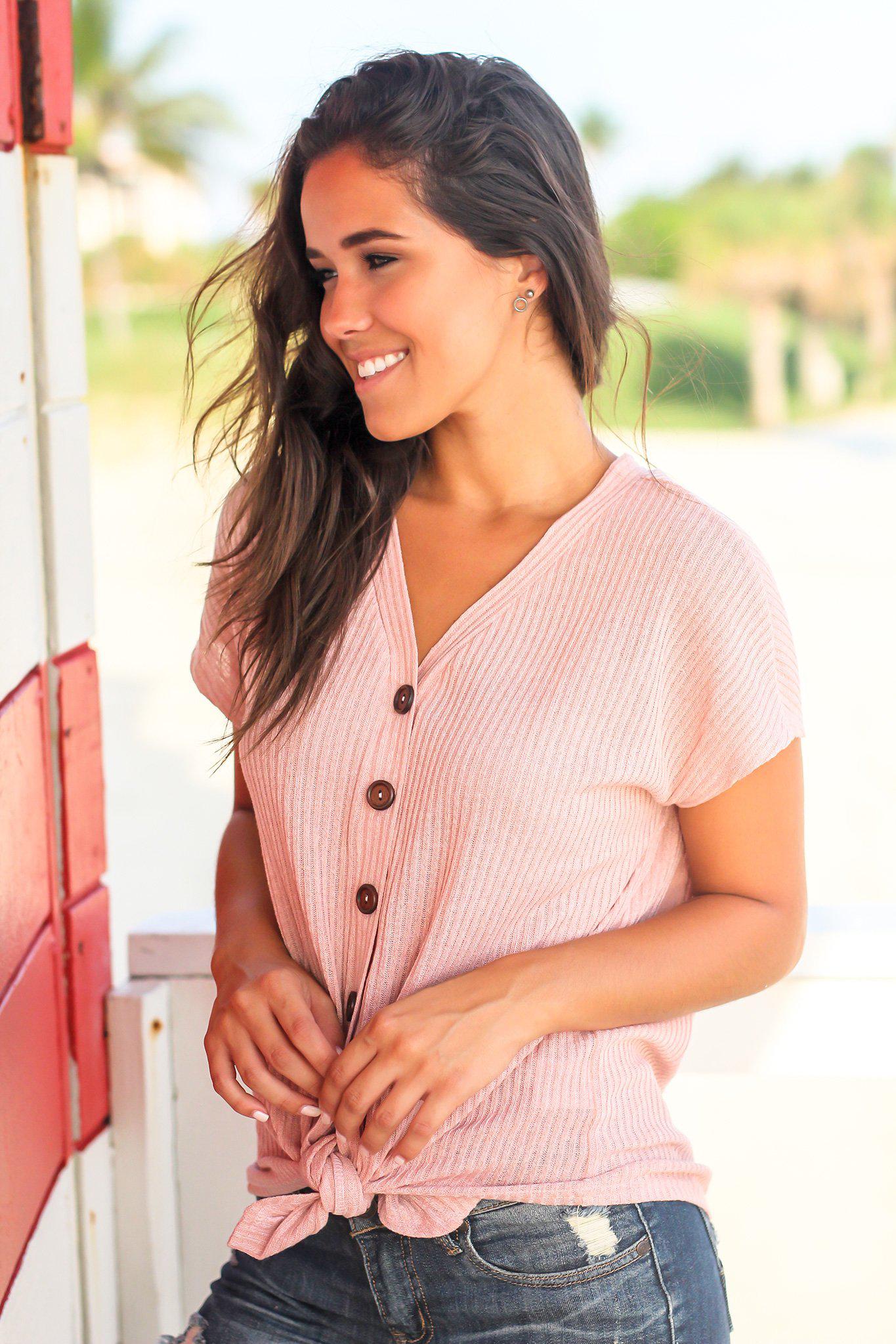 Adorable Blush-Colored V-Neck Ribbed Women's Top with Front Tie Detail