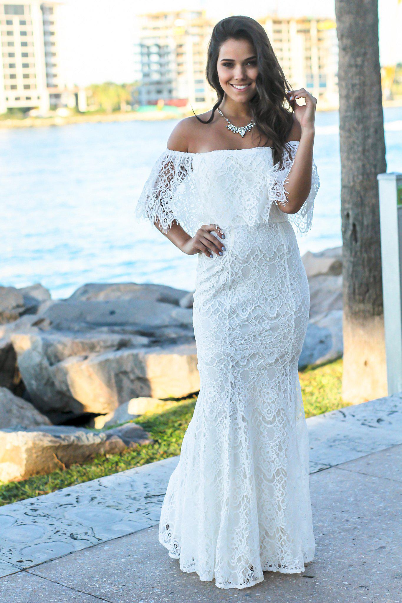 Stunning Ivory Off-the-Shoulder Lace Long Maxi Evening Dress