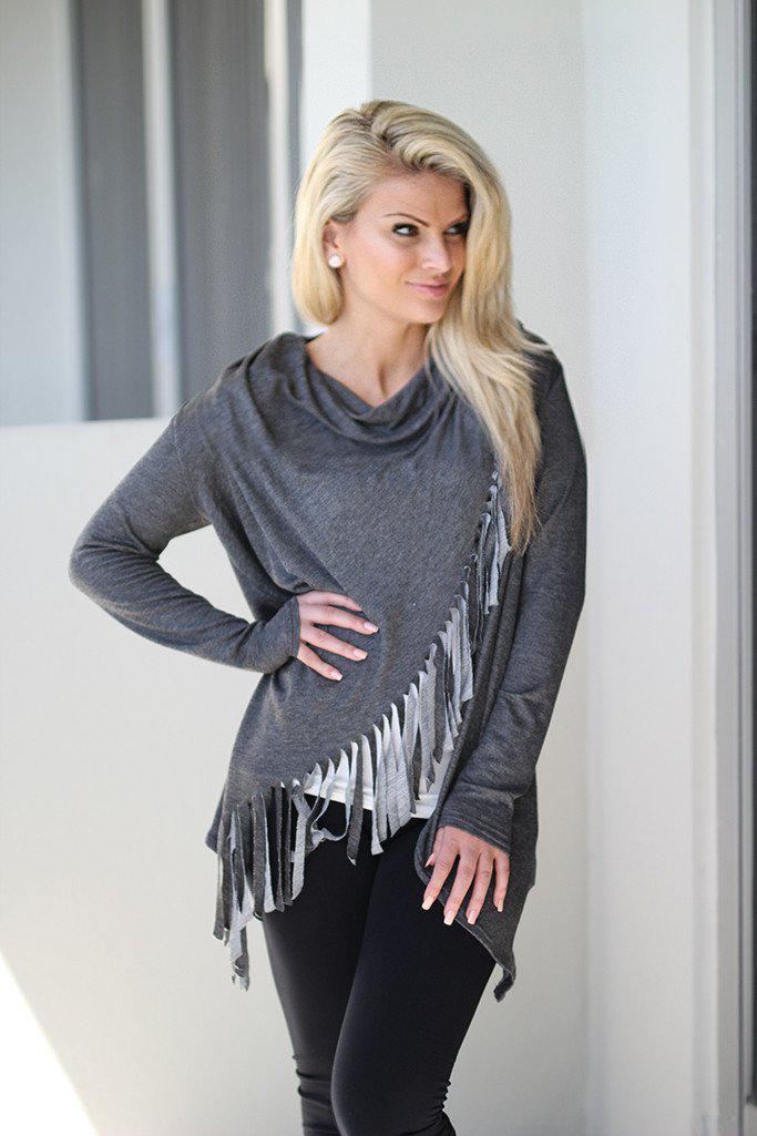 Charcoal Women's Fashion Fringe Wrap Style Long Sleeve Top