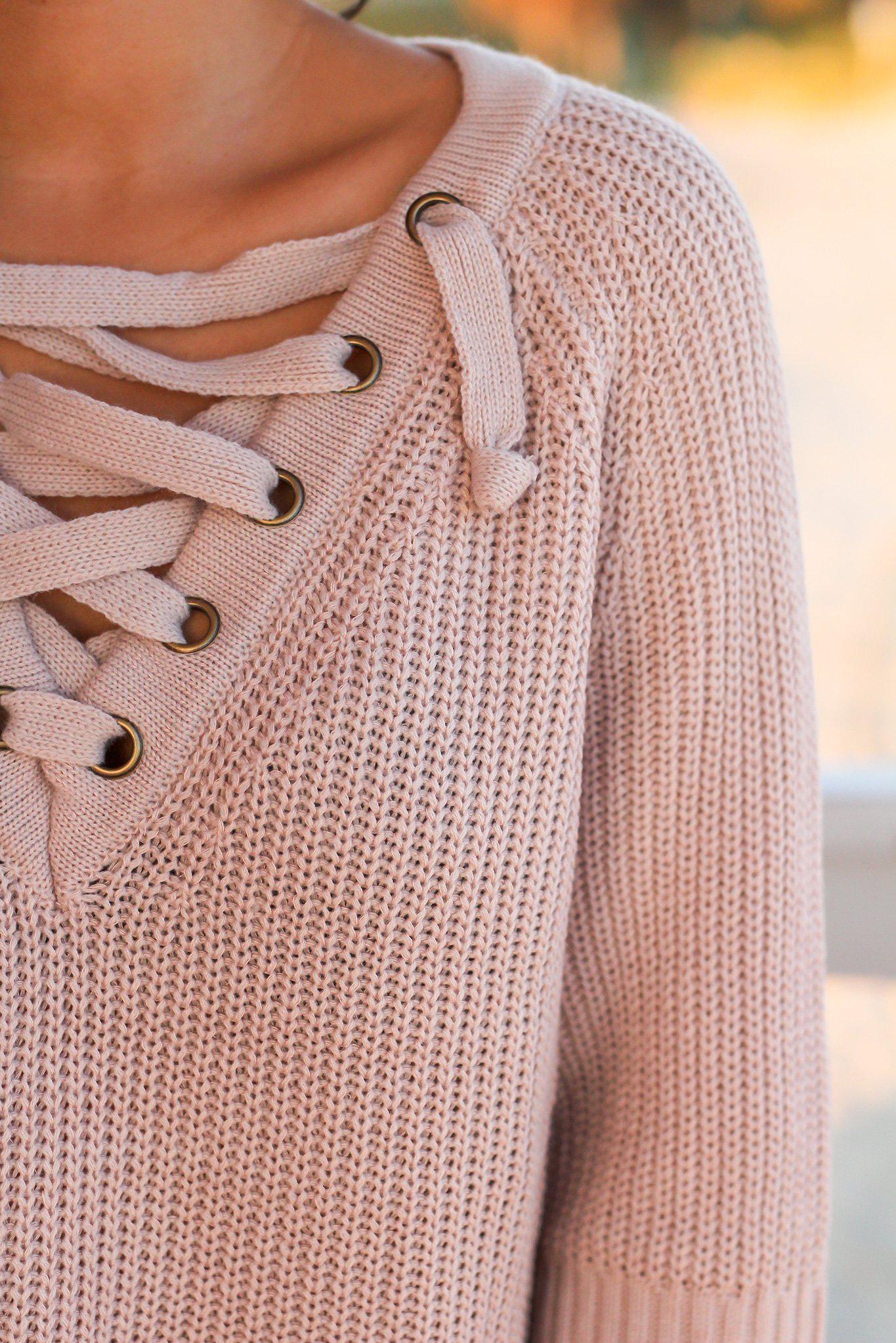 Stylish Mauve Acrylic-Cotton Knit Lace Up Bell Sleeve Sweater for Fall and Winter