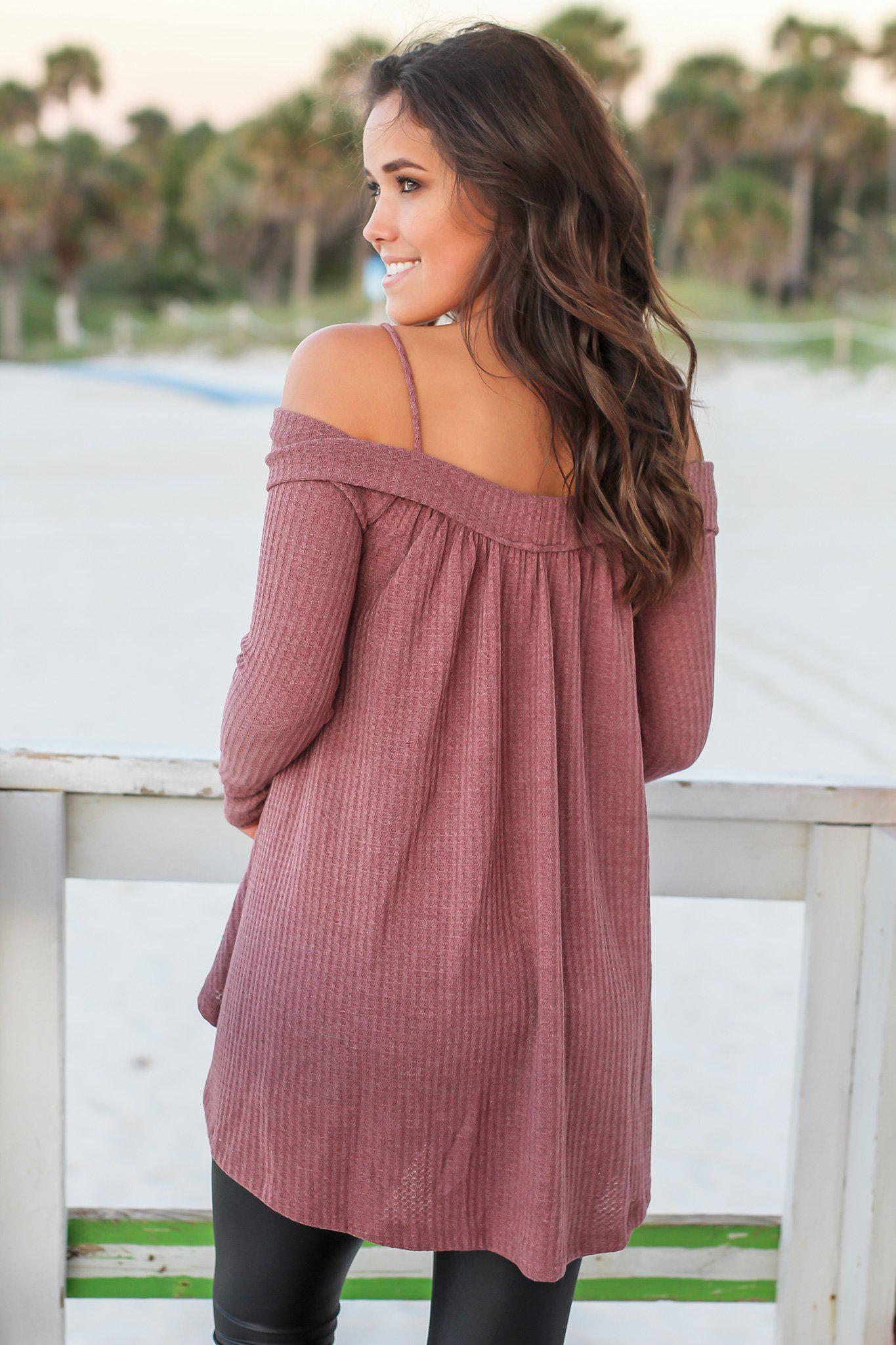 Stylish Light Maroon Knit Off - Shoulder Long - Sleeve Tunic