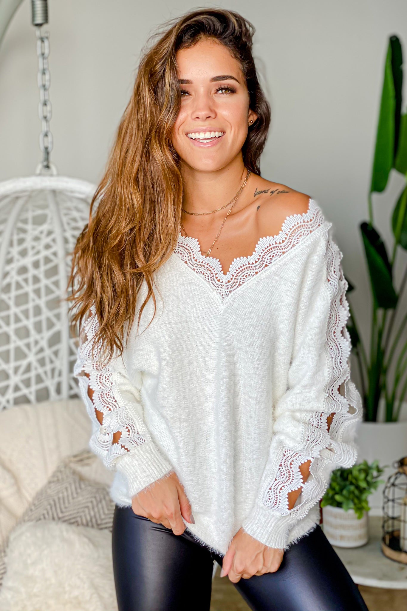 Ivory Fuzzy Women's Long - Sleeve Top Featuring Open Crochet Details
