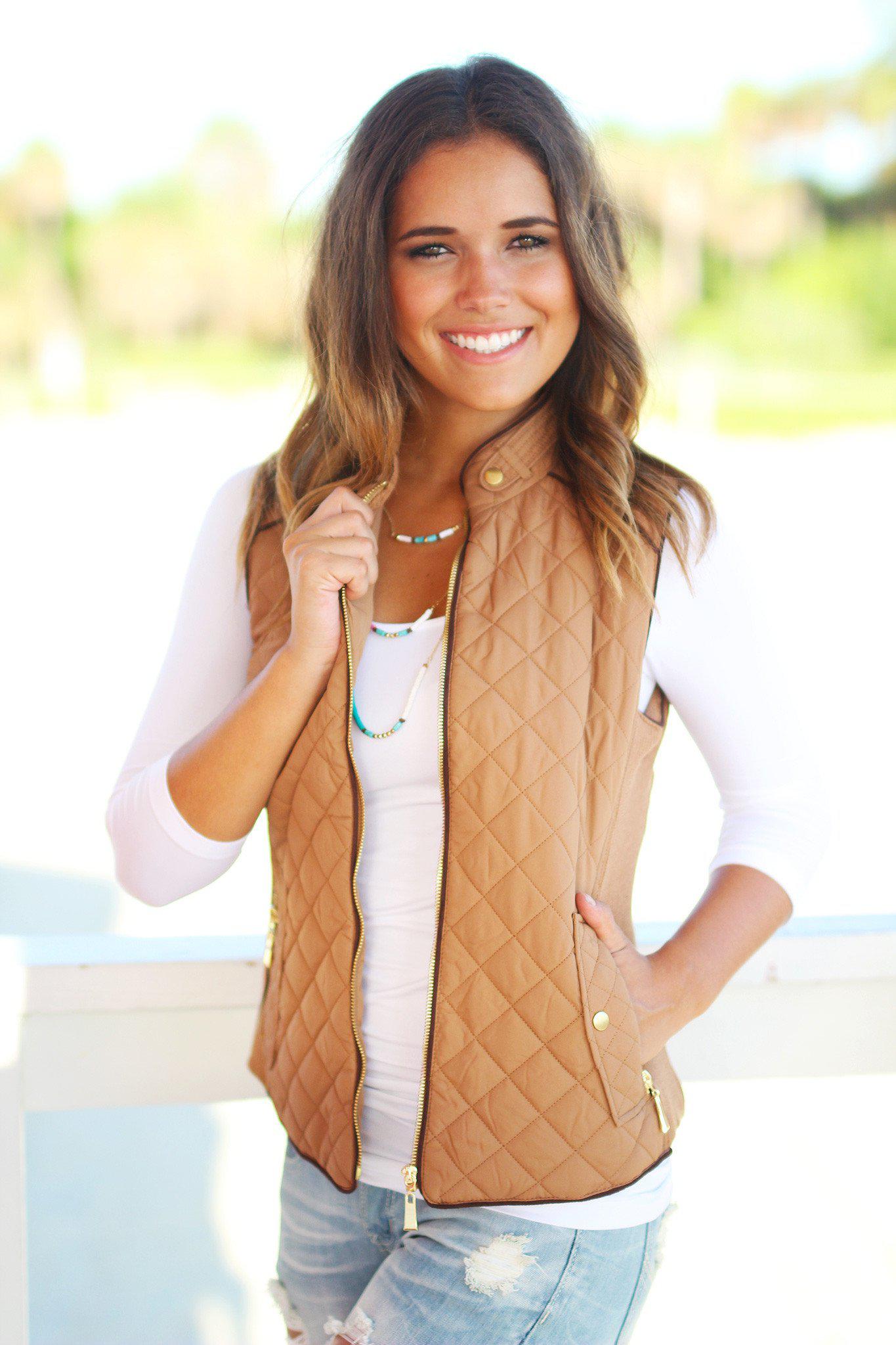 Stylish Camel Quilted Vest with Gold Zippers and Pockets for Fall/Winter