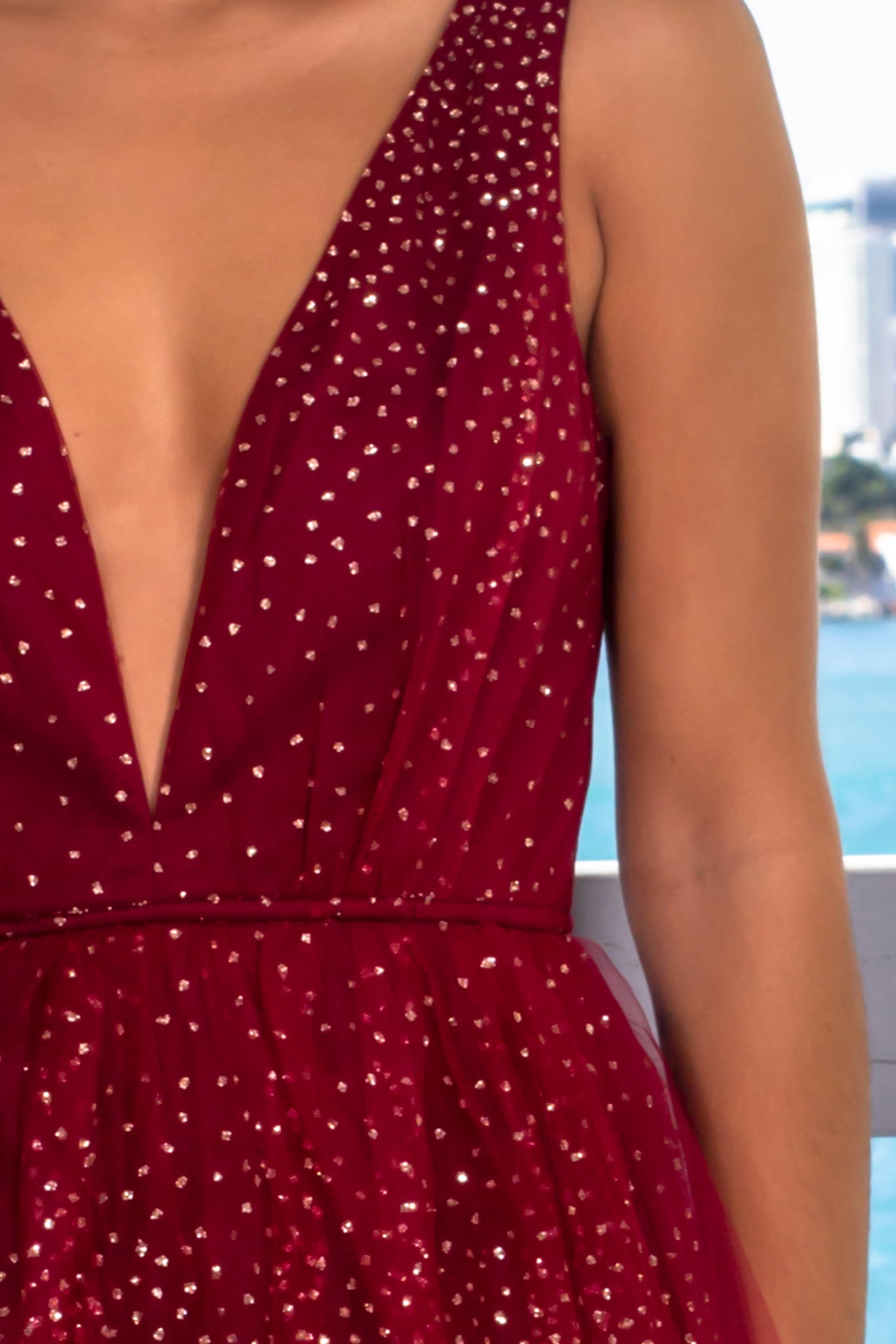 Gorgeous Burgundy Tulle Maxi Dress with Shimmering Gold Glitter