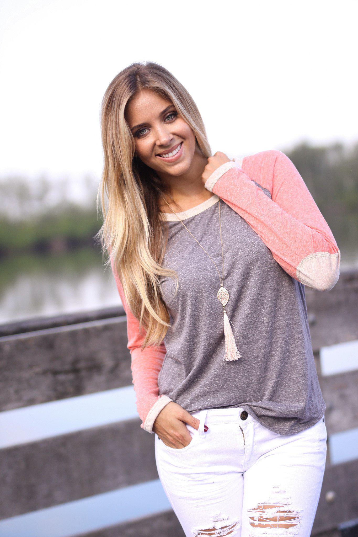 Stylish Charcoal, Rust Baseball Tee for Women with Adorable Elbow Patches